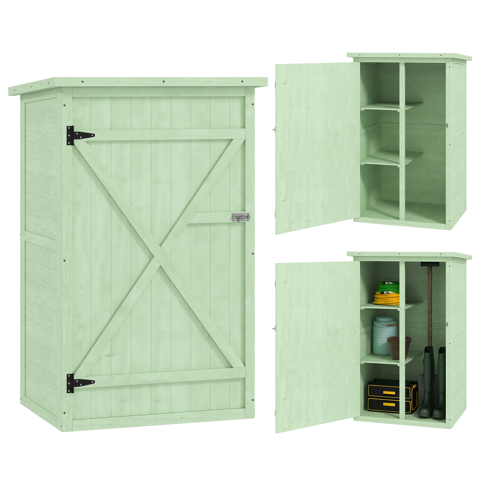 Small Wooden Garden Storage Shed with Shelves and Bolt Latch - Green