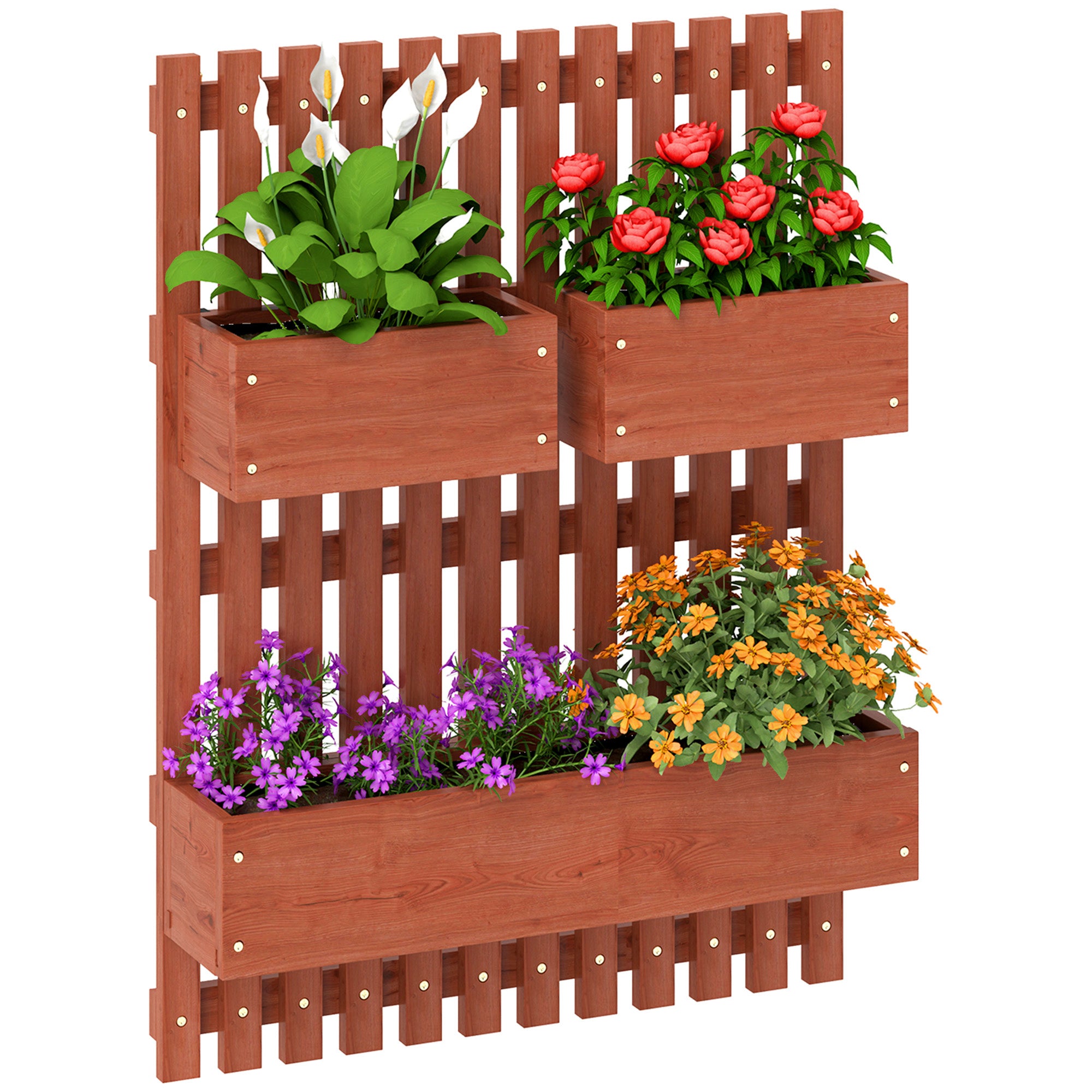 Set of 3 Wooden Wall-Mounted Garden Planters with Trellis - Brown