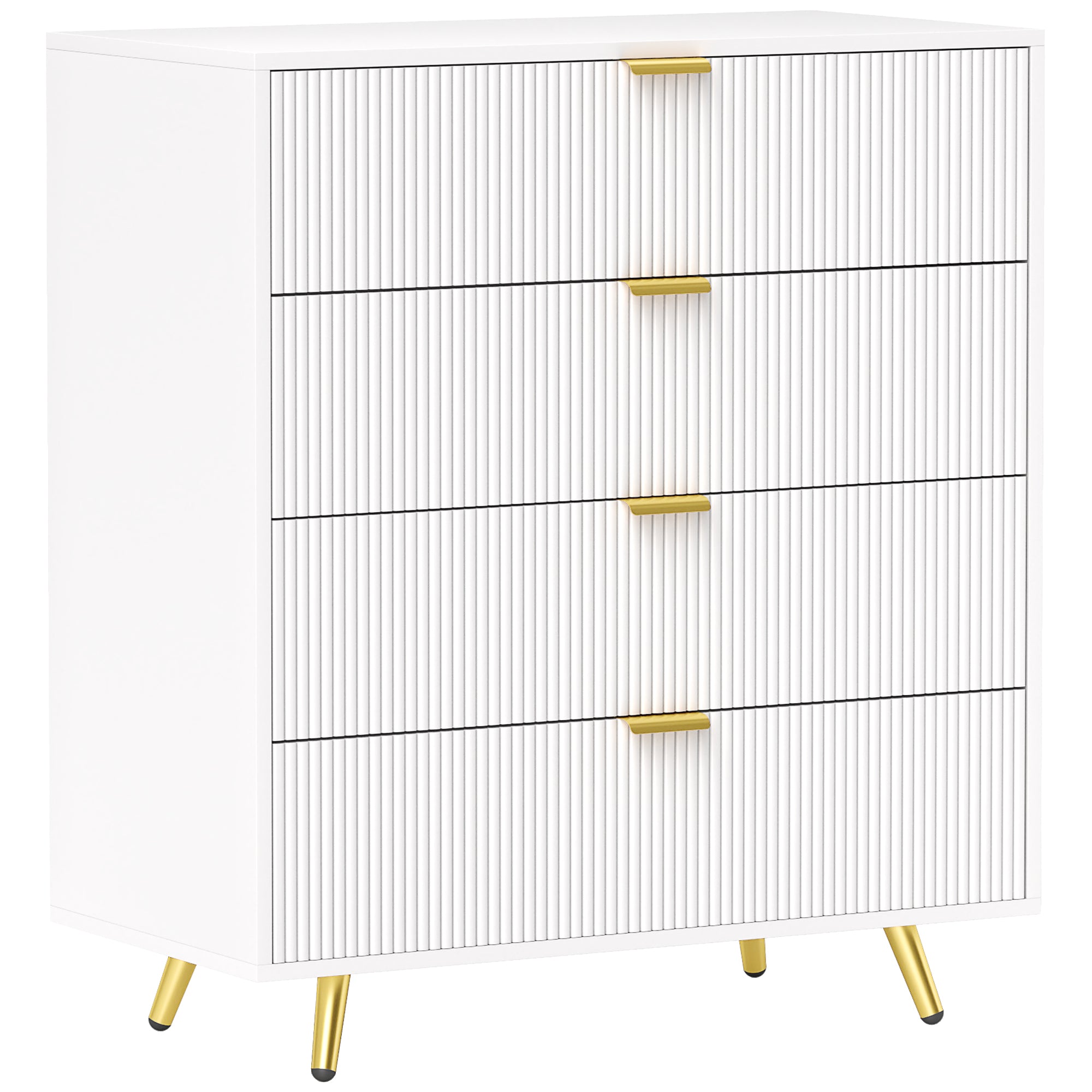 Elegant Four-Drawer Bedside Table with Gold Handles - White
