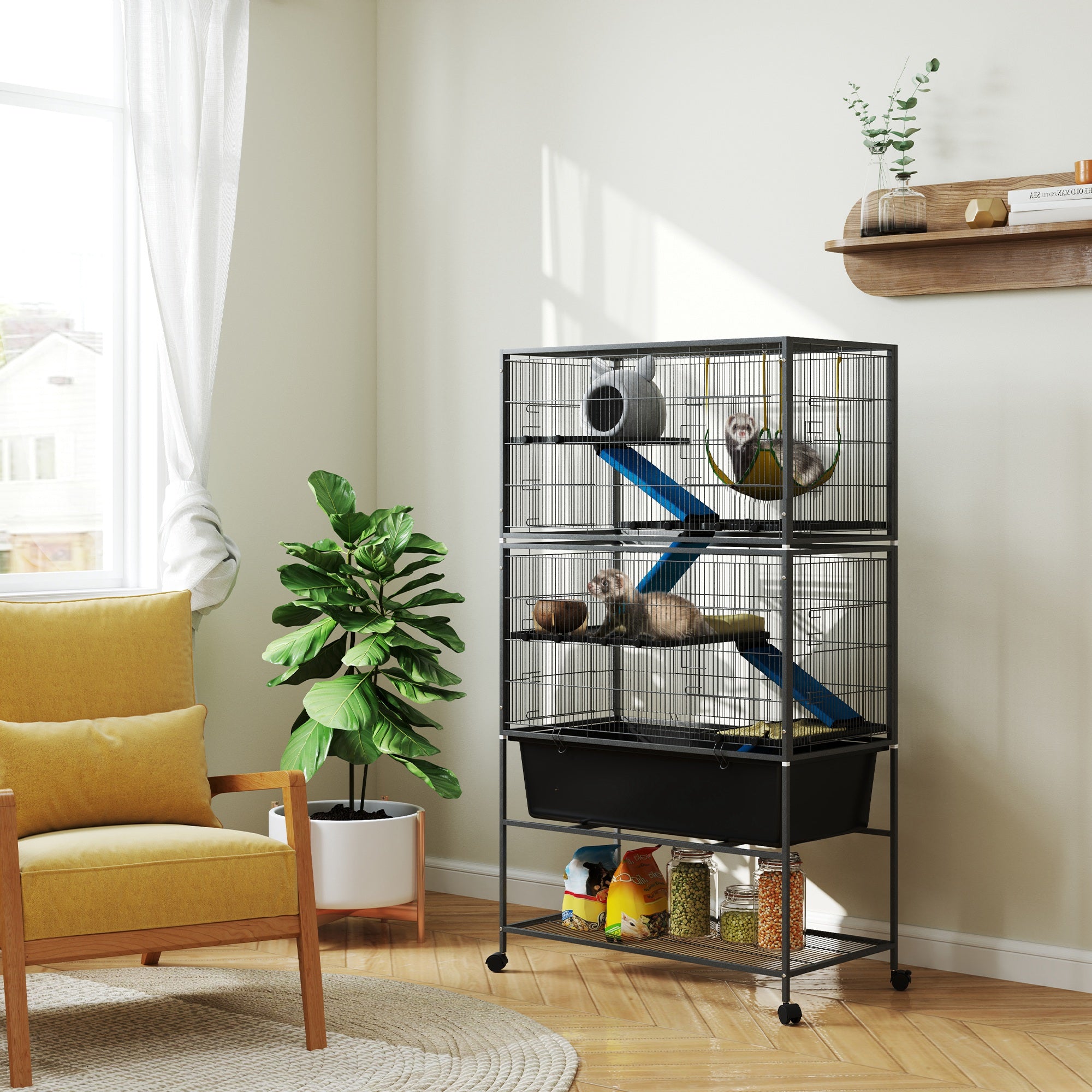 5 Levels Rolling Small Animal Cage with Non Slip Ramps, Slide Out 16cm Deep Tray, 88 x 48 x 150.5cm, Dark Grey