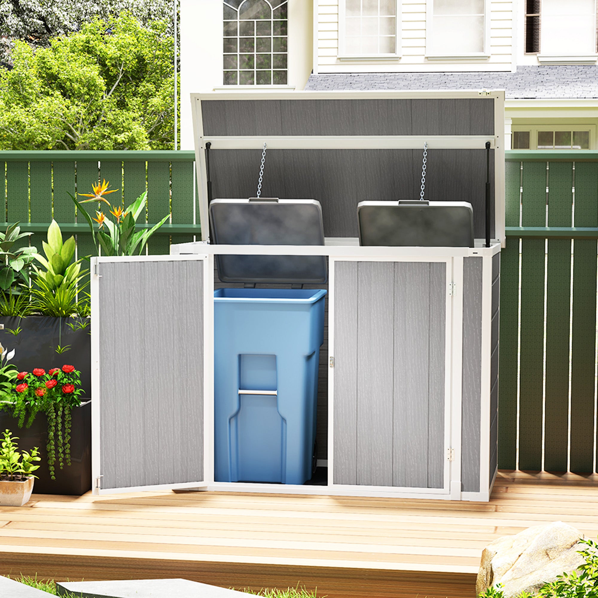 1 Piece Double Bin Storage Garden Shed with Lockable Doors Grey