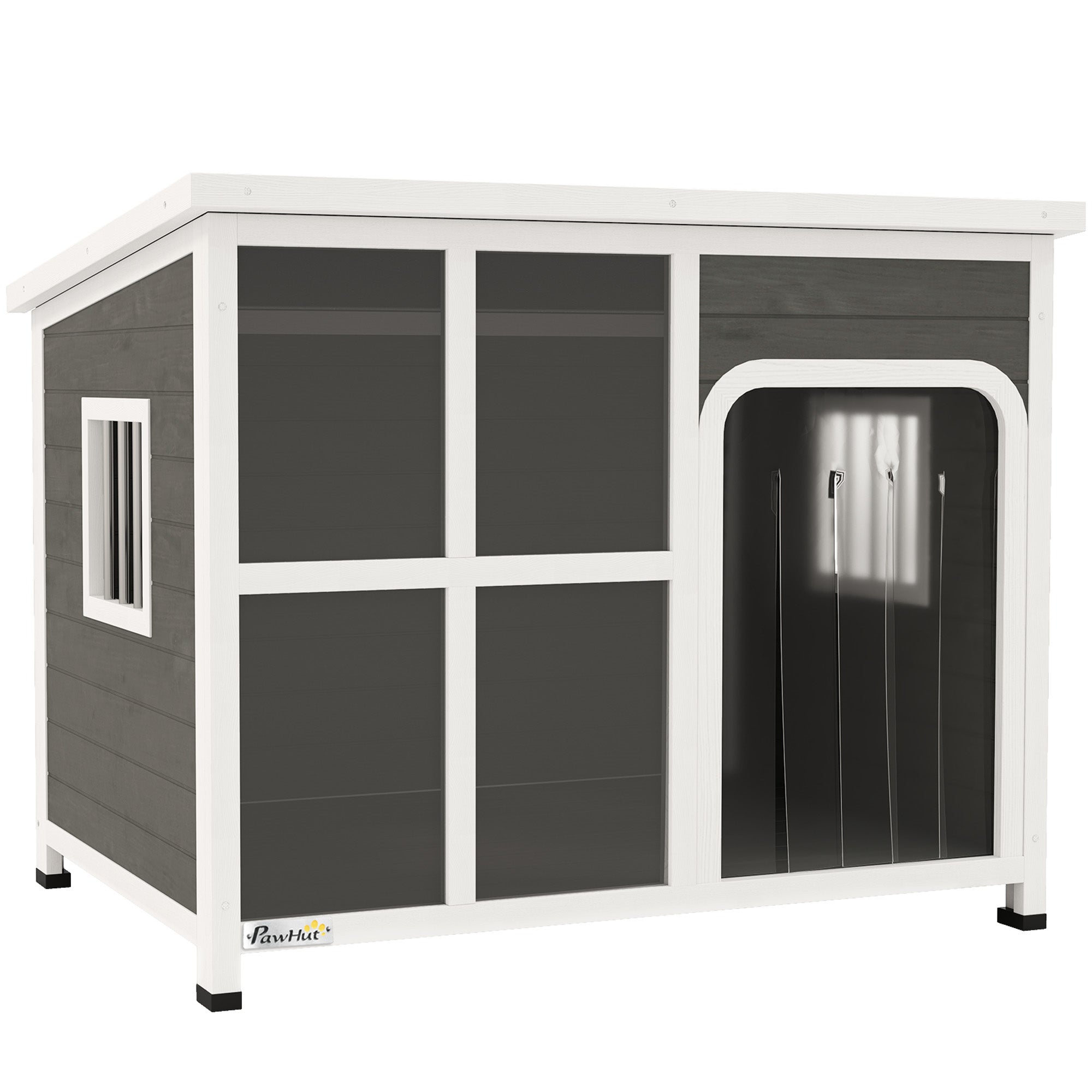 Wooden Dog House Outdoor with Asphalt Openable Top, Removable Floor, Clear Front Panel, Curtain, 103 x 77 x 83cm