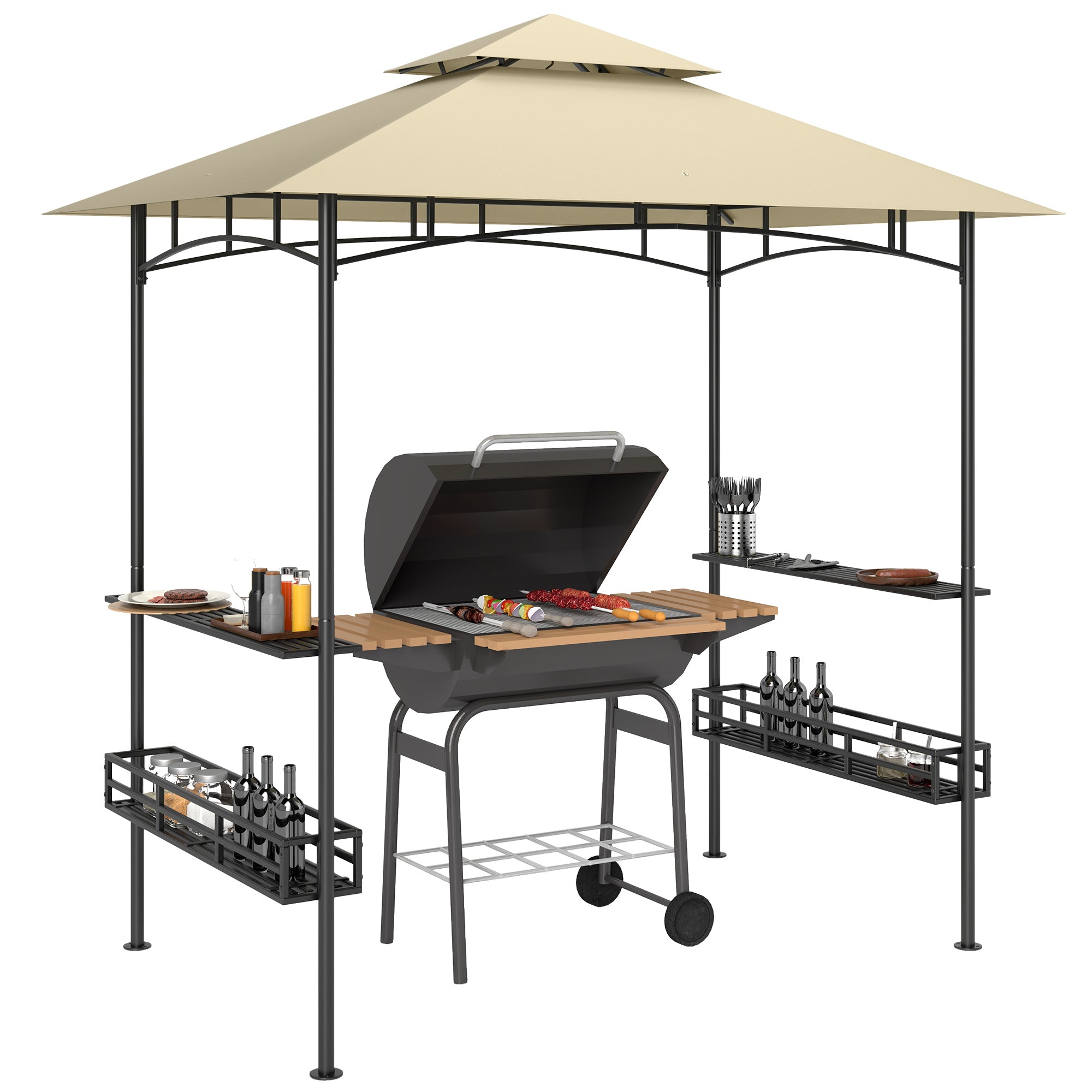 8 Foot Double Tiered BBQ Gazebo Canopy with Shelves & Storage - Beige