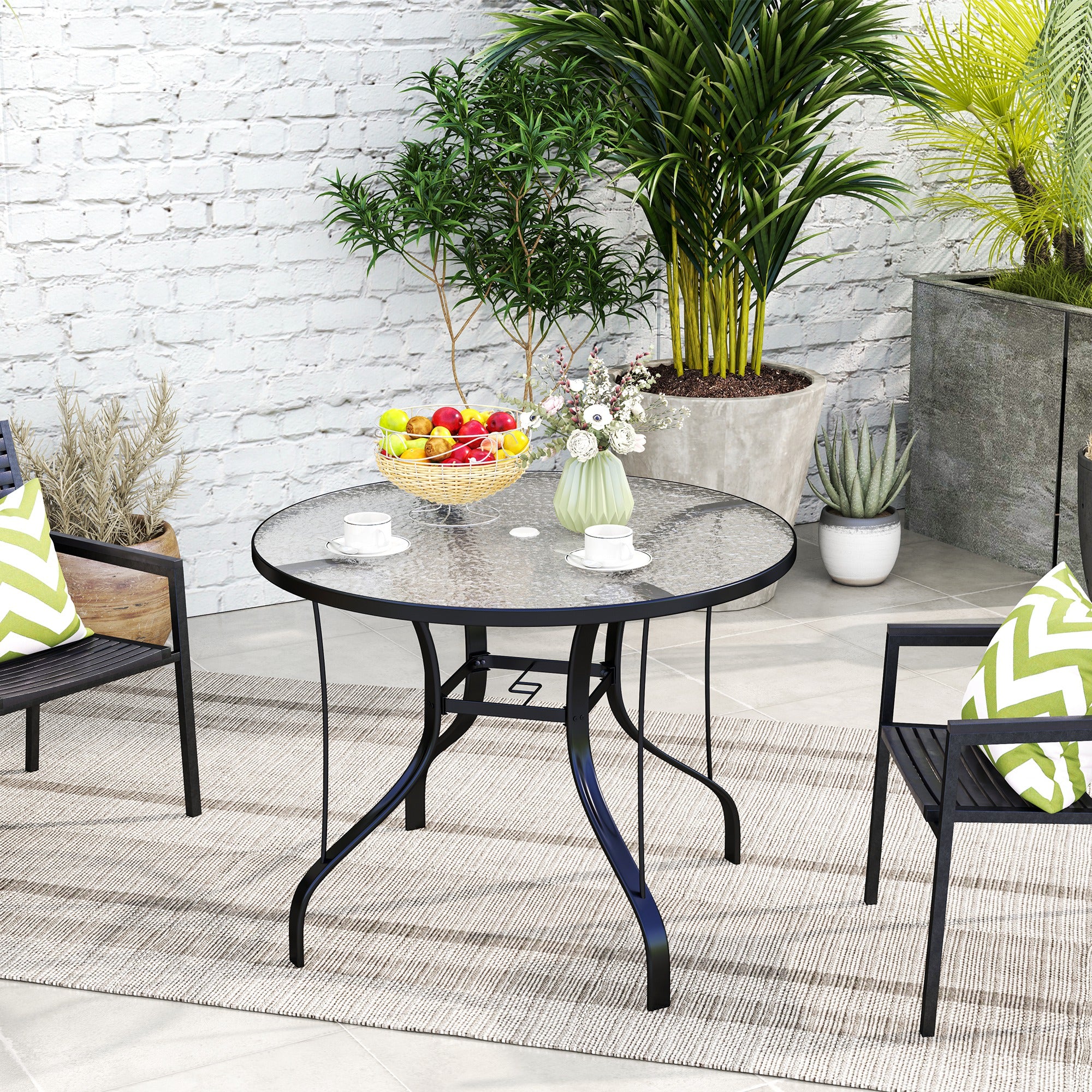 Tempered Glass Top Outdoor Dining Table with Parasol Hole 96.5cm - Black