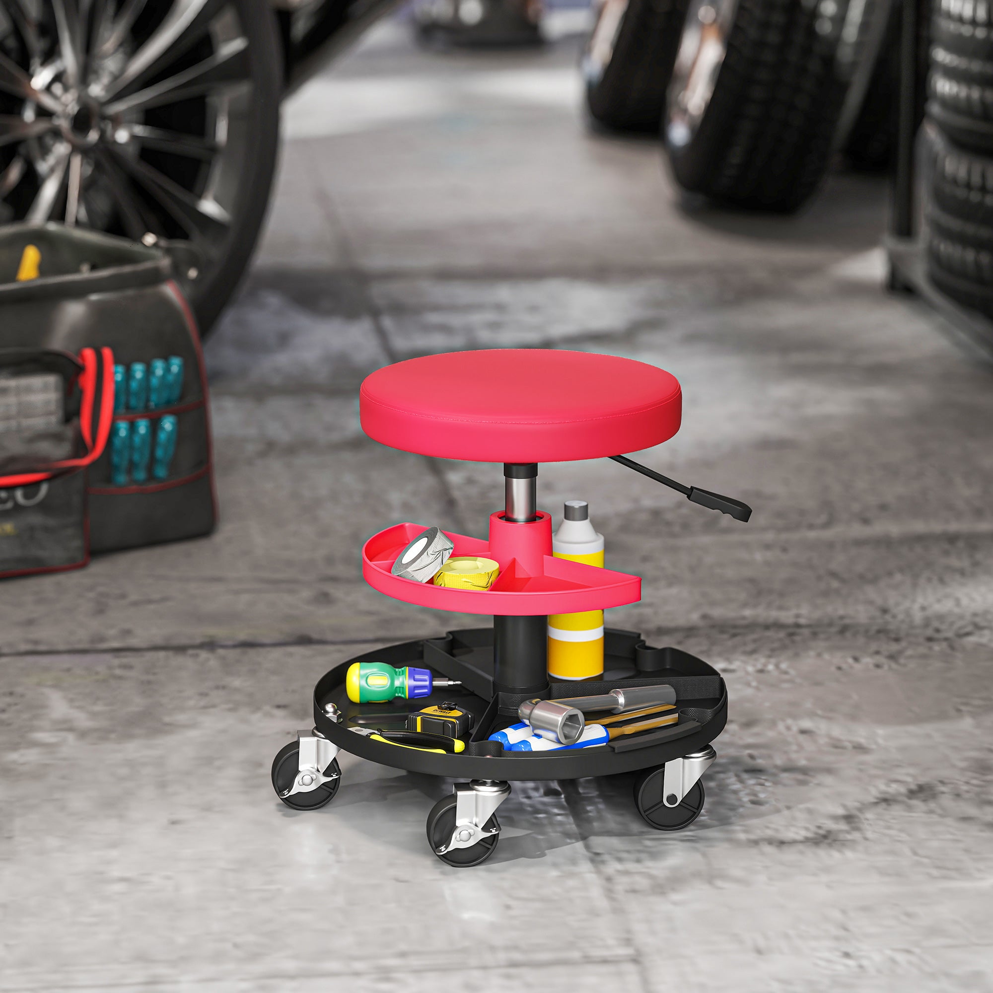 Rolling Mechanic Stool, 135kg Capacity Workshop Stool, 360° Swivel Roller Padded Creeper Seat with Wheels, Tool Trays Storage for Garage, Shop, Auto Repair, Red