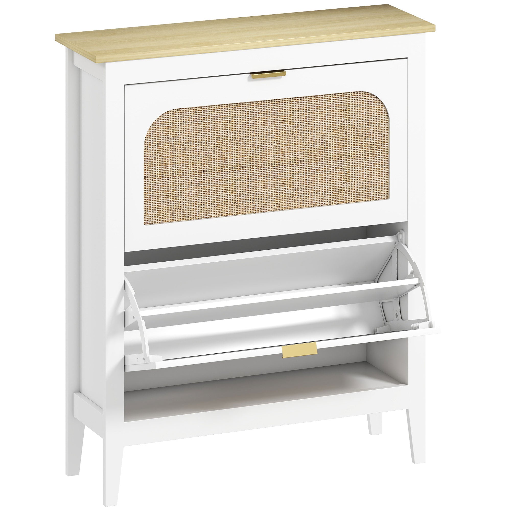 Narrow Shoe Cabinet, Boho Slim Shoe Storage Cabinet with 2 Flip Drawers, Holds 14 Pairs, White