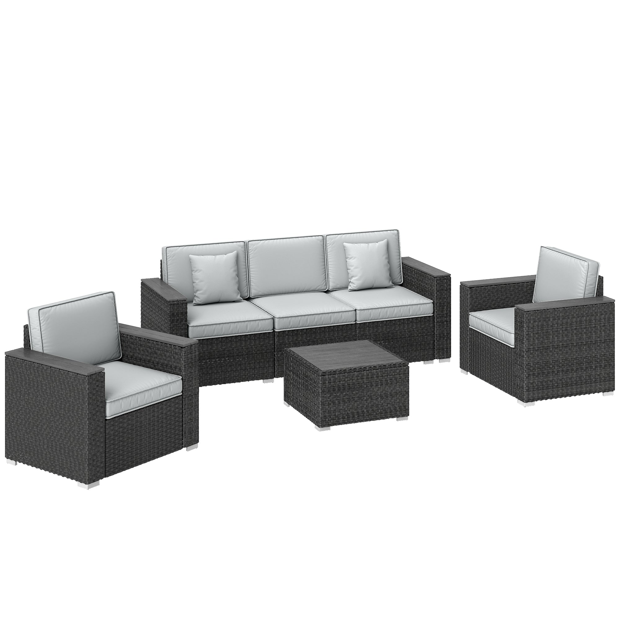 5 Seater Rattan Garden Furniture Set with Wide Armrests, Cushions, Pillows for Patio, Dark Grey