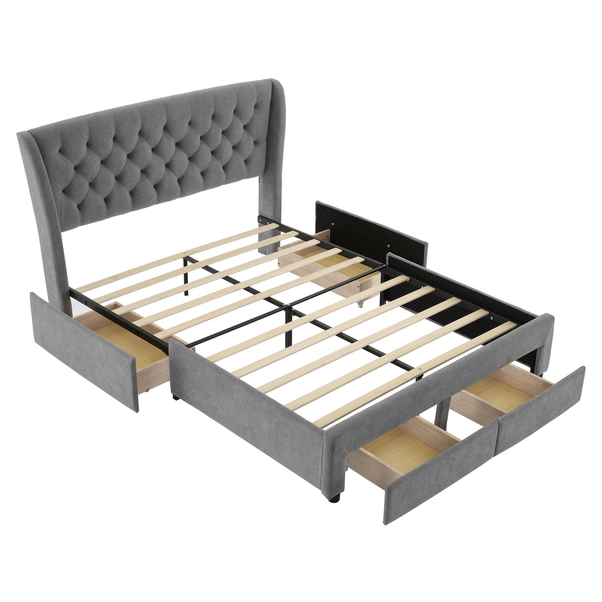 Upholstered Storage Bed with 4 Drawers and Soft Backrest - Gray
