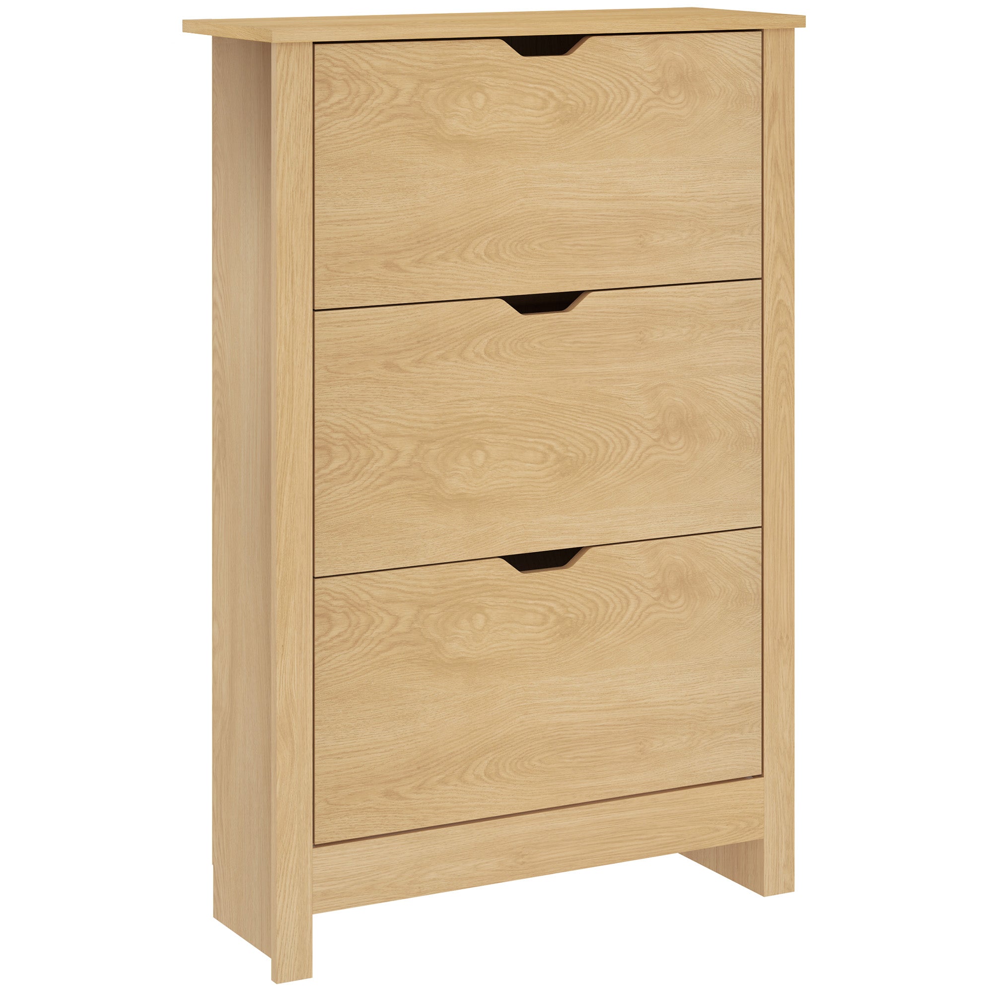 Slim Shoe Cabinet, Narrow Shoe Cupboard with 3 Drawers, Adjustable Shelves for 18 Pairs of Shoes, Natural Wood Finish