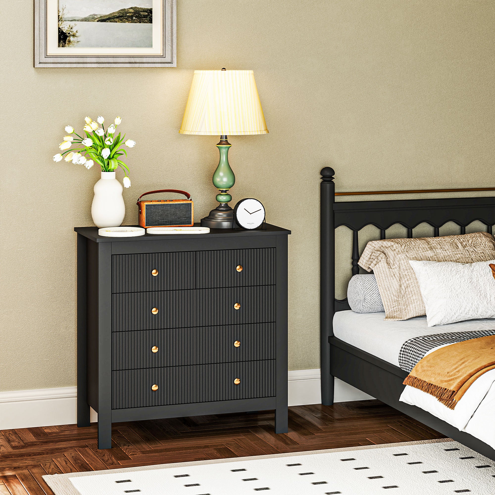 Elegant 5-Drawer Chest with Gold Handles - Black