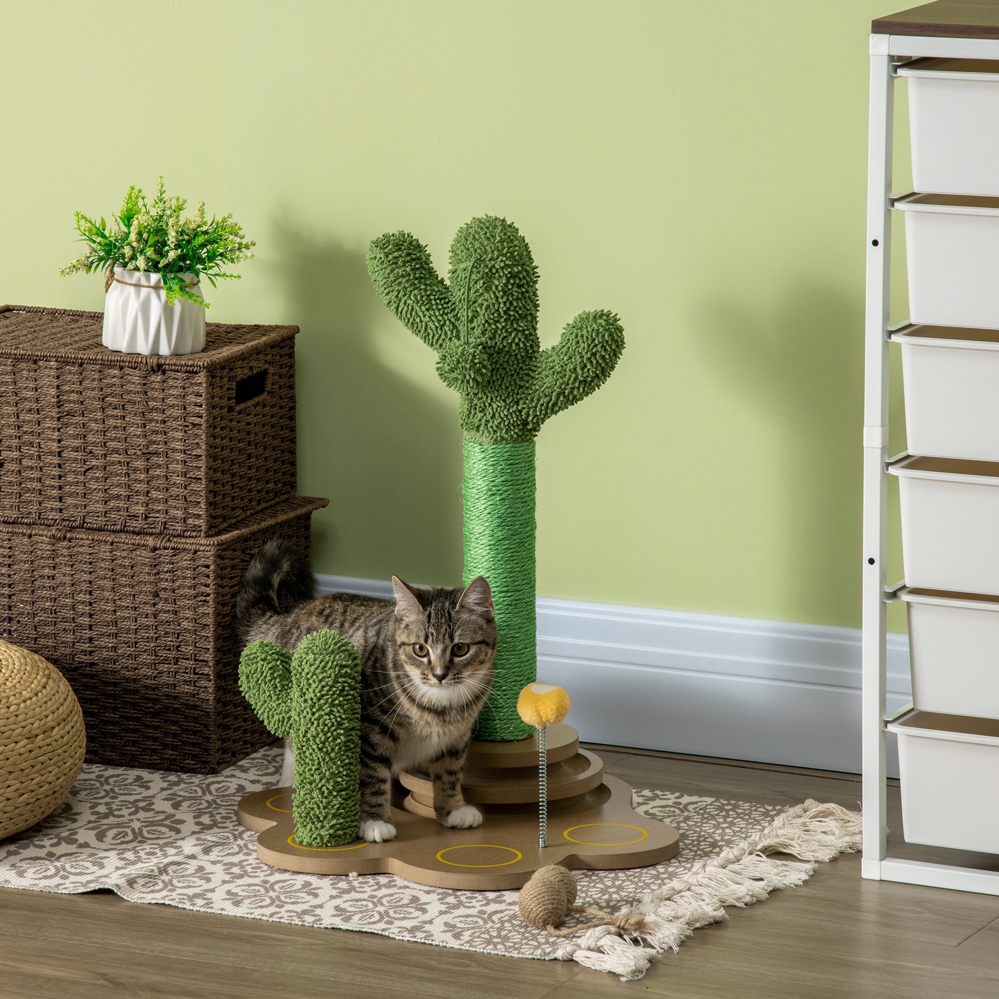 60cm Chenille Cat Tree, with Interactive Toy Balls, Sisal Scratching Posts - Green
