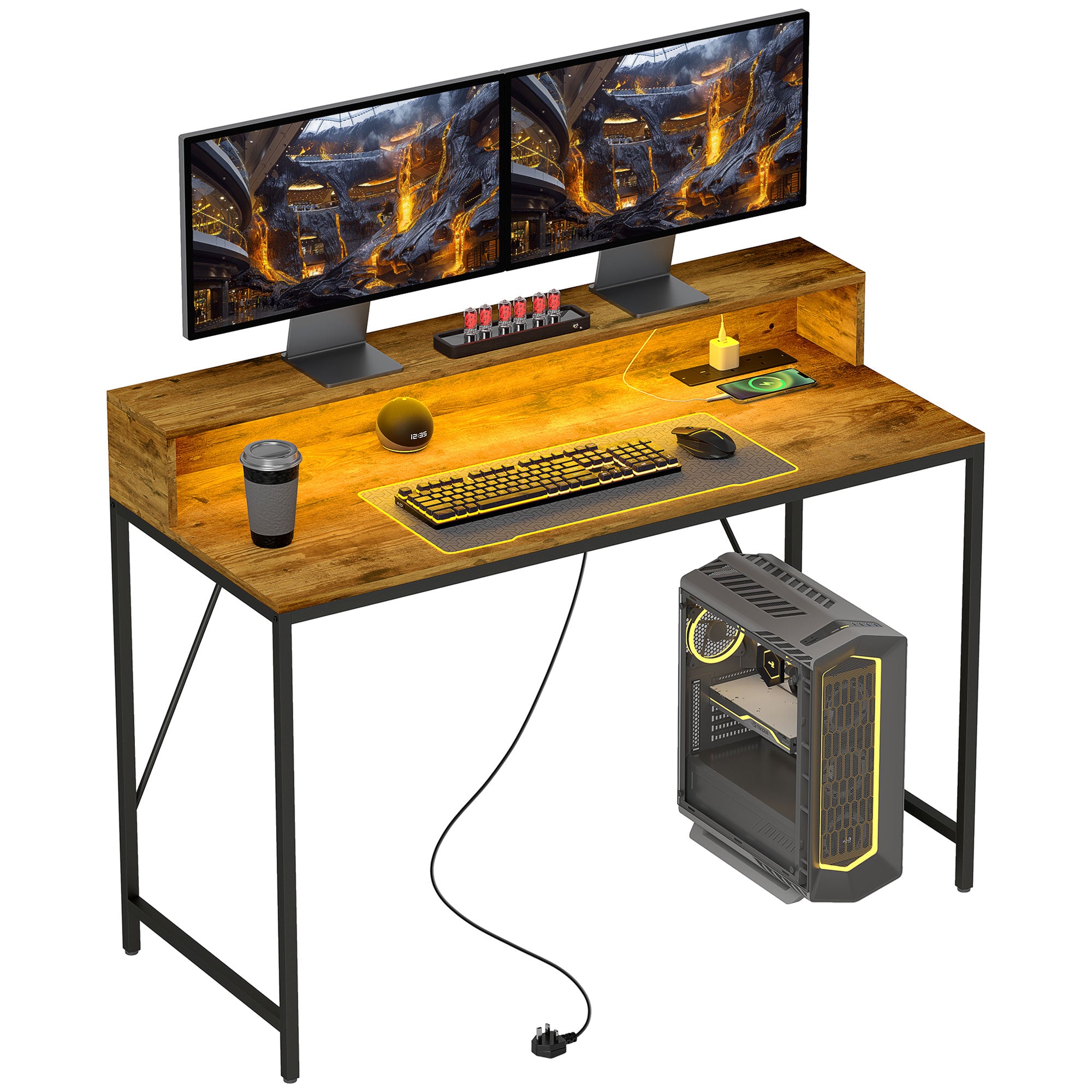120cm Computer Desk with LED Lights and Power Outlets, Gaming Desk with Monitor Stand, Computer Table with Remote for Home Office Study, Rustic Brown