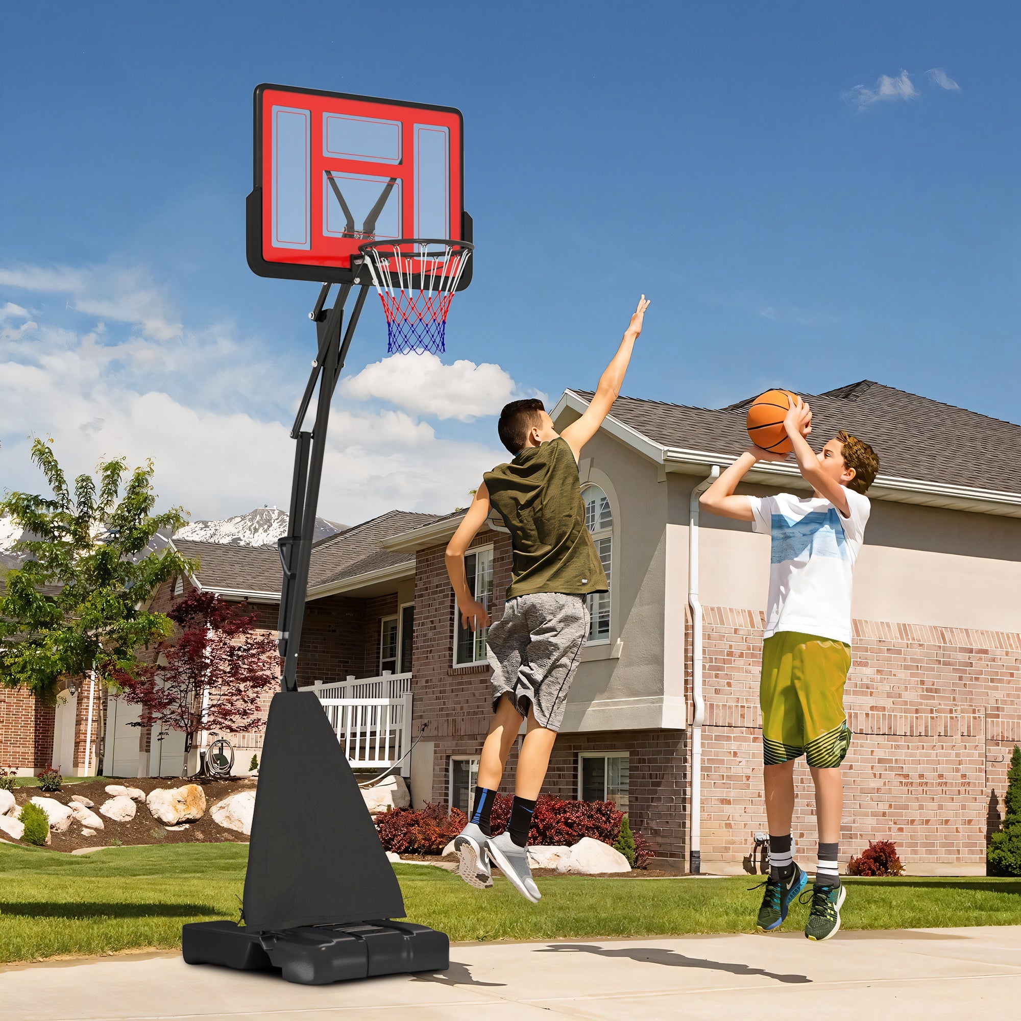 Basketball Hoop Outdoor, Height Adjustable Basketball Hoop and Stand with Rebound System, Weighted Base, Portable on Wheels, 2.45-3.05m, for Teens, Juniors, Adults, Red