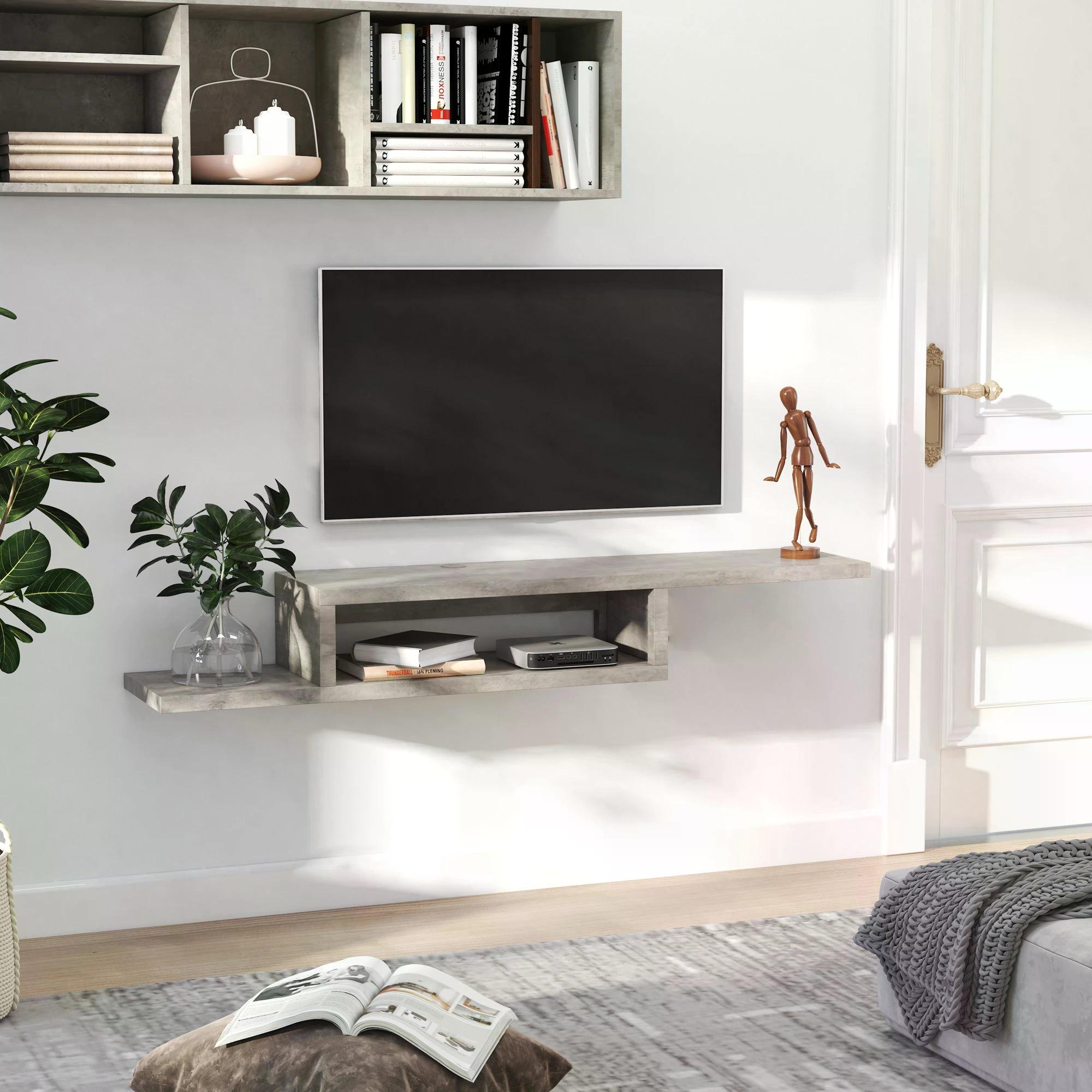 Floating TV Unit, Wall Mounted TV Stand with Open Shelf and 2 Cable Holes, Entertainment Unit for Living Room, Grey
