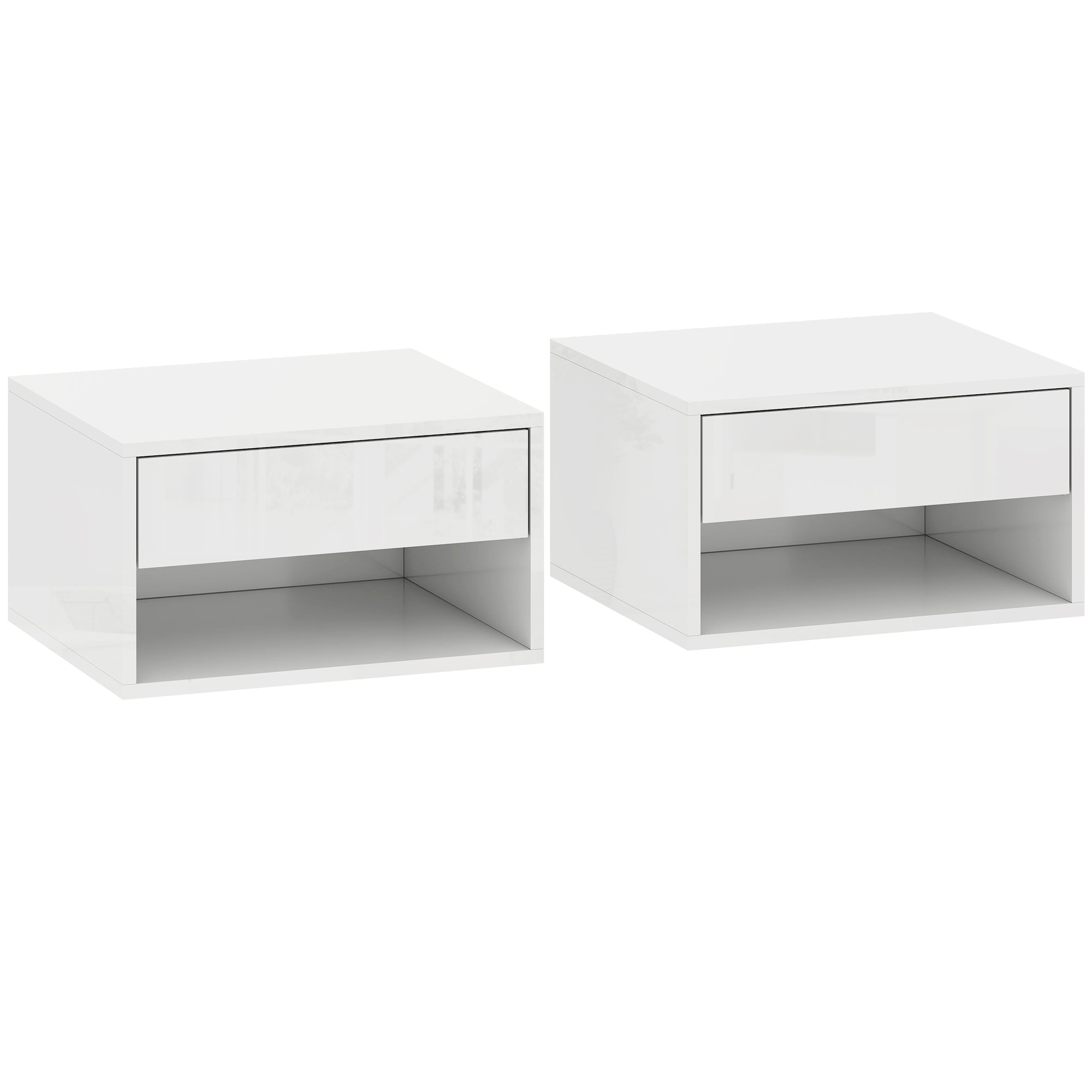 Set of Two Floating Bedside Tables, Wall Mounted Nightstand with Drawer and Open Shelf, High Gloss White