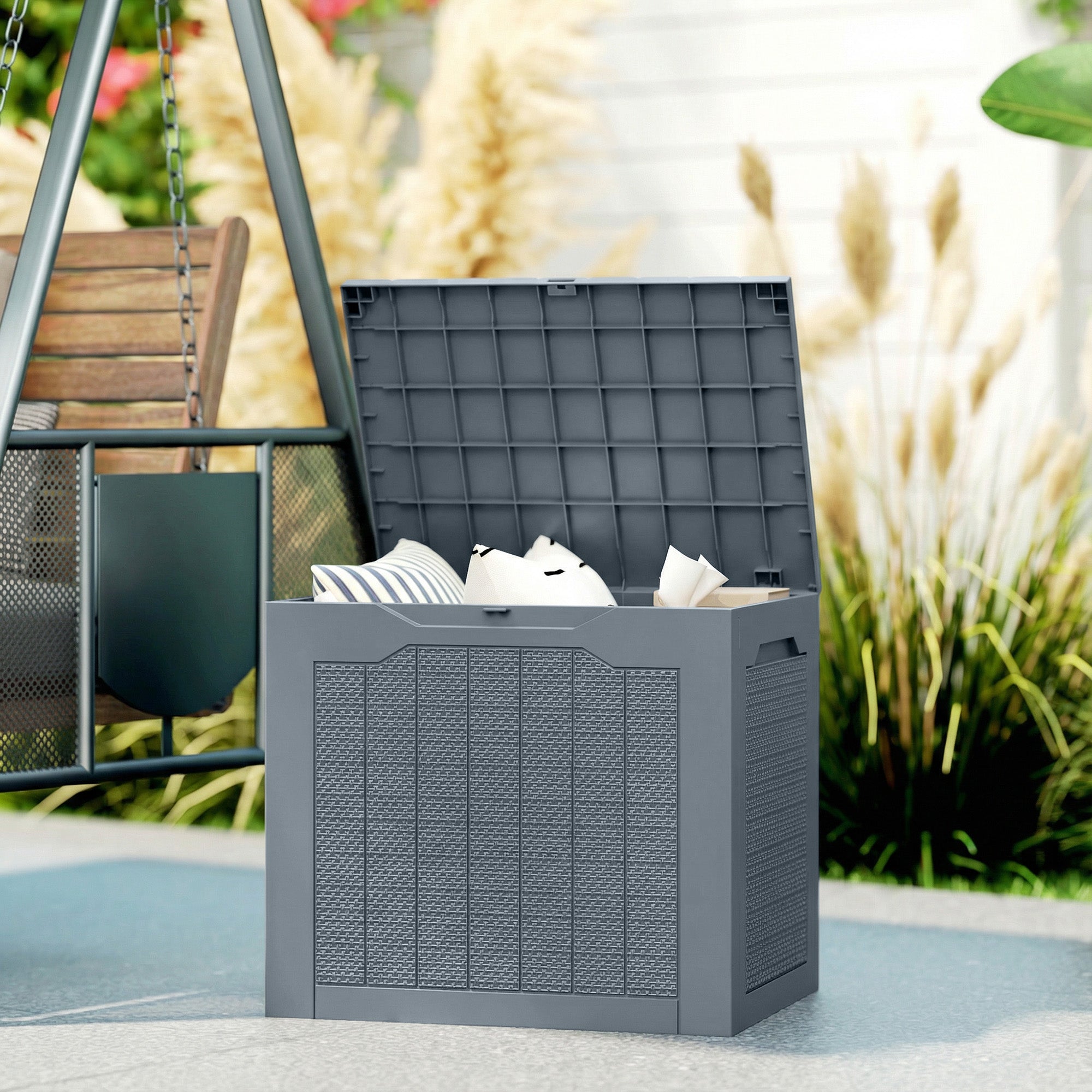 93L Plastic Garden Storage Box, Outdoor Storage Box with Handles, Waterproof Outdoor Storage Container, Light Grey