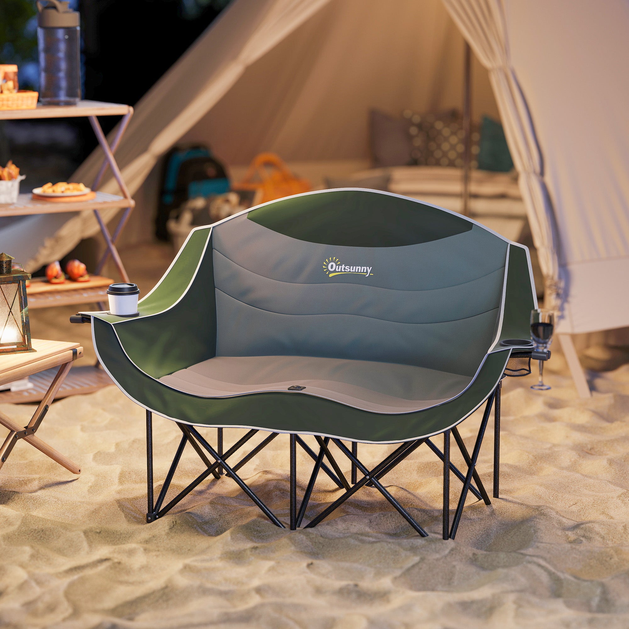 Double Oversized Heavy Duty Folding Camping Chair with Armrests, Cup Holders & Carry Bag, 250kg Capacity - Green