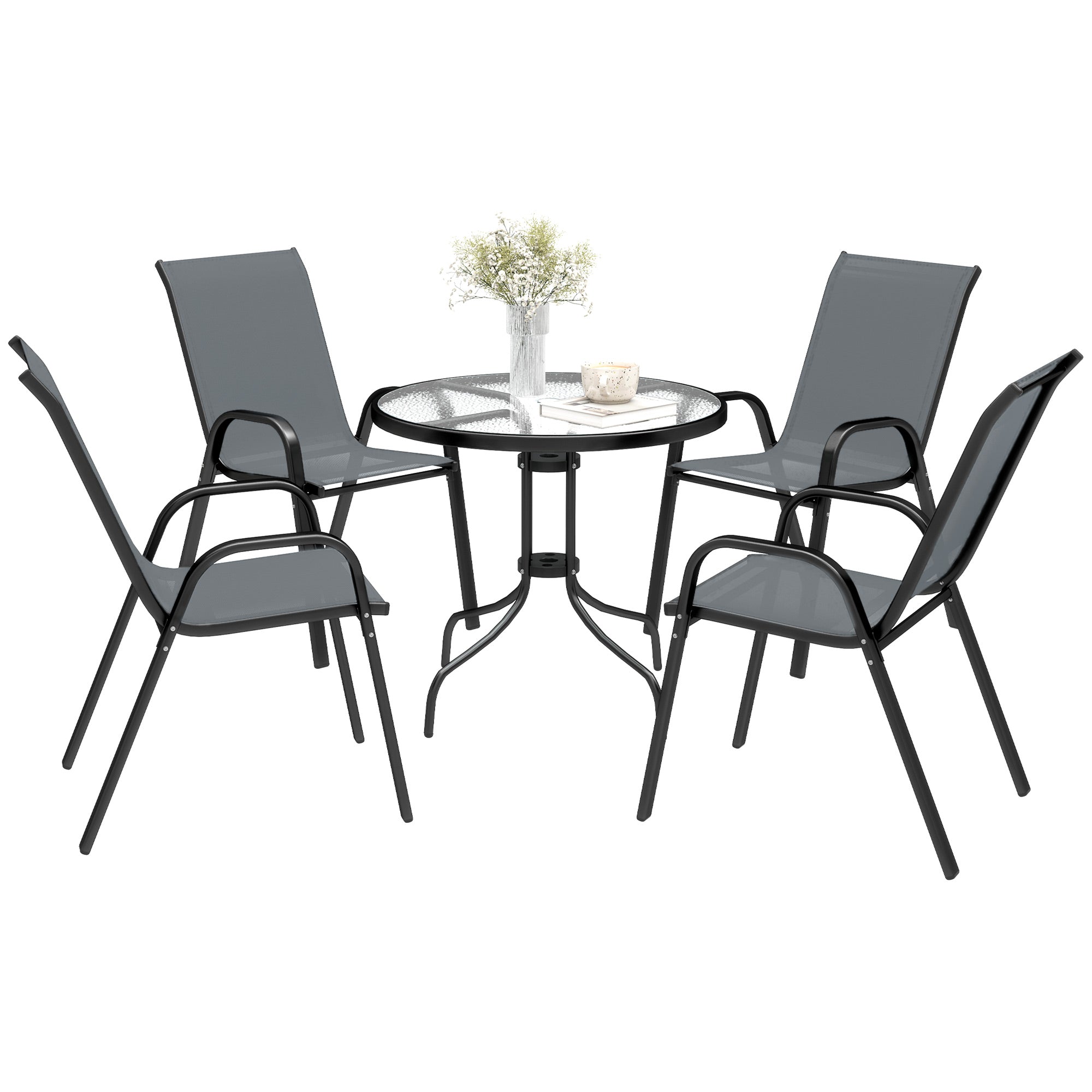 Five-Piece Steel Patio Set with Glass-Top Table - Dark Grey