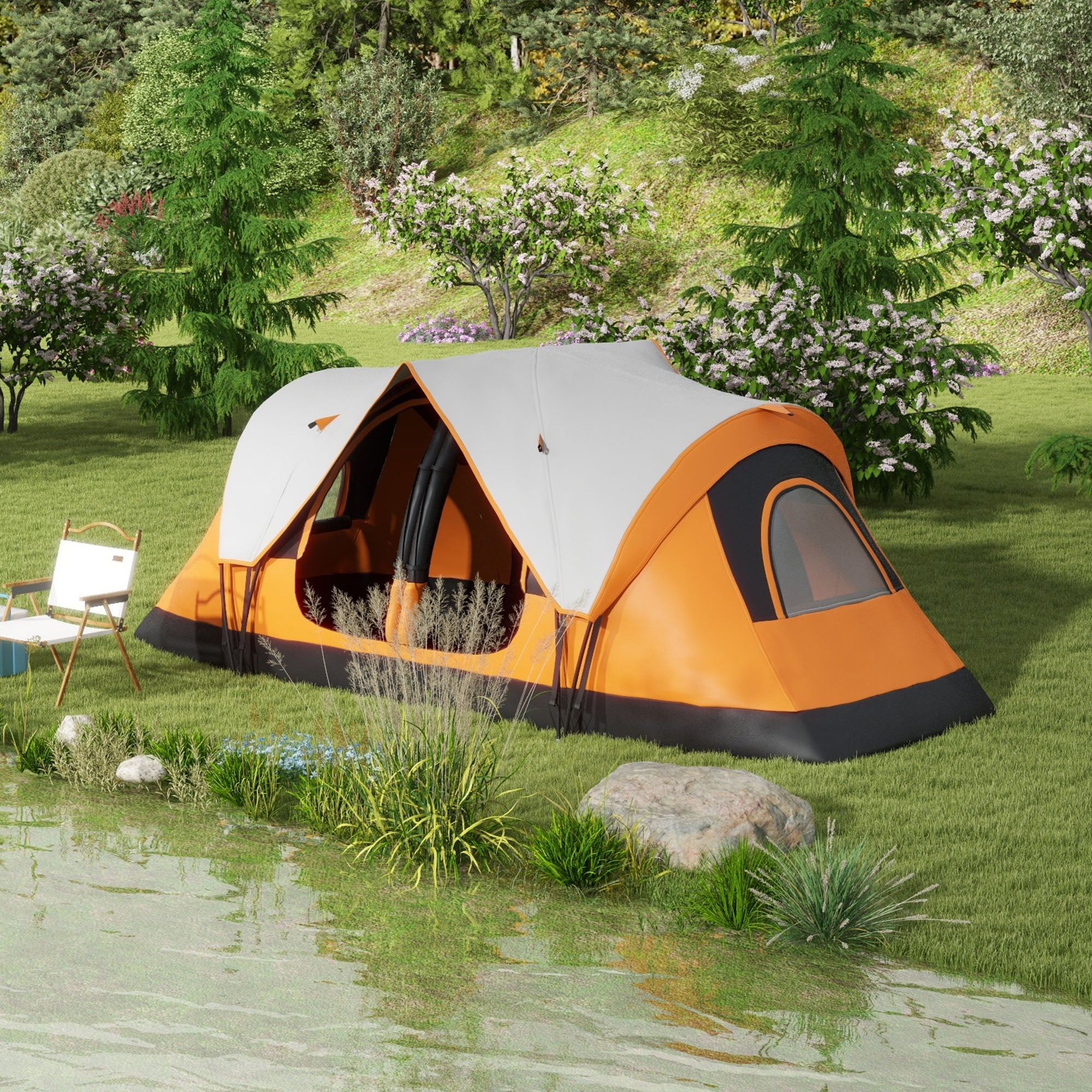 Spacious Six-Man Camping Tent with Two Rooms and Rainfly - Orange