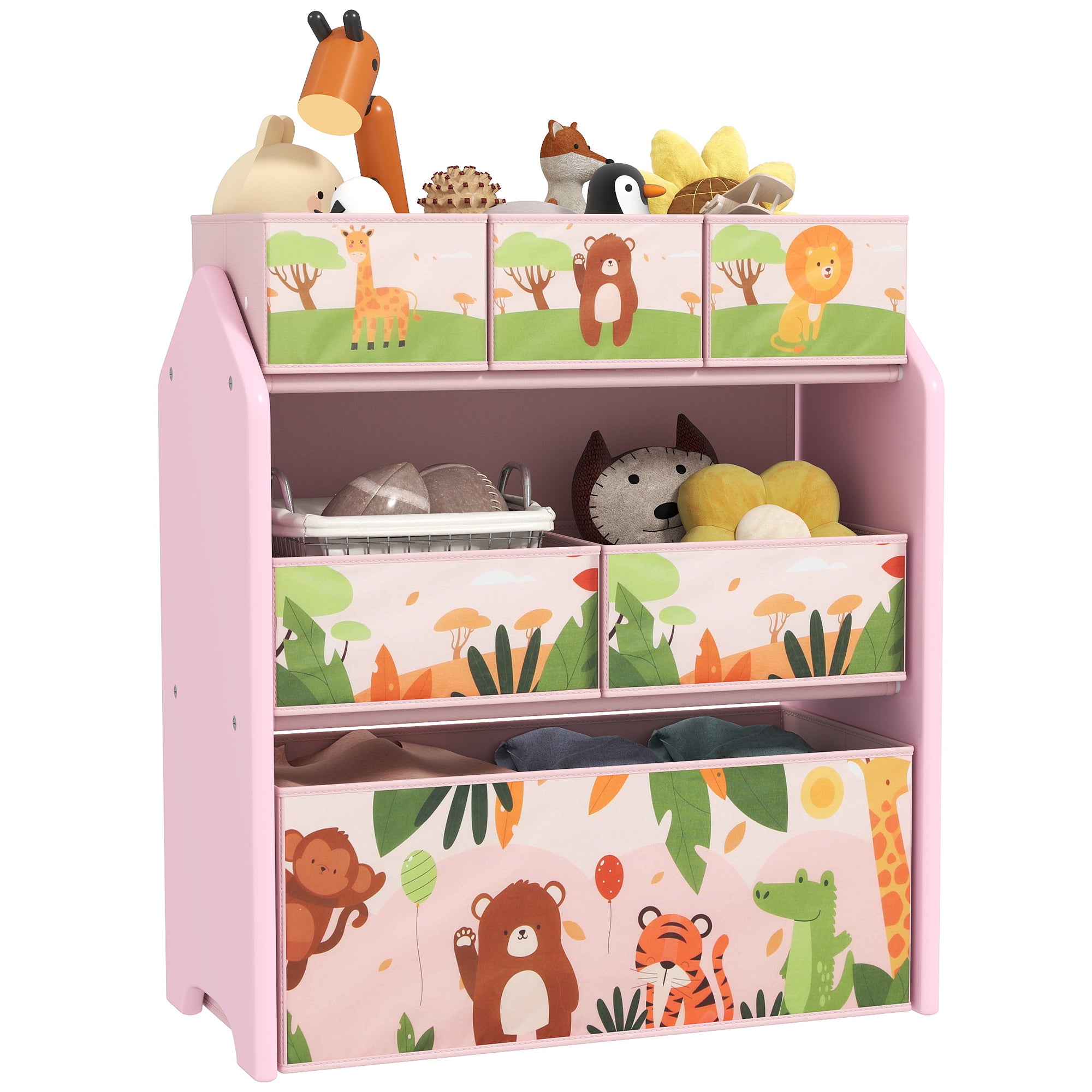 3 Tier Kids Toy Storage Unit with 6 Removable Boxes - Pink