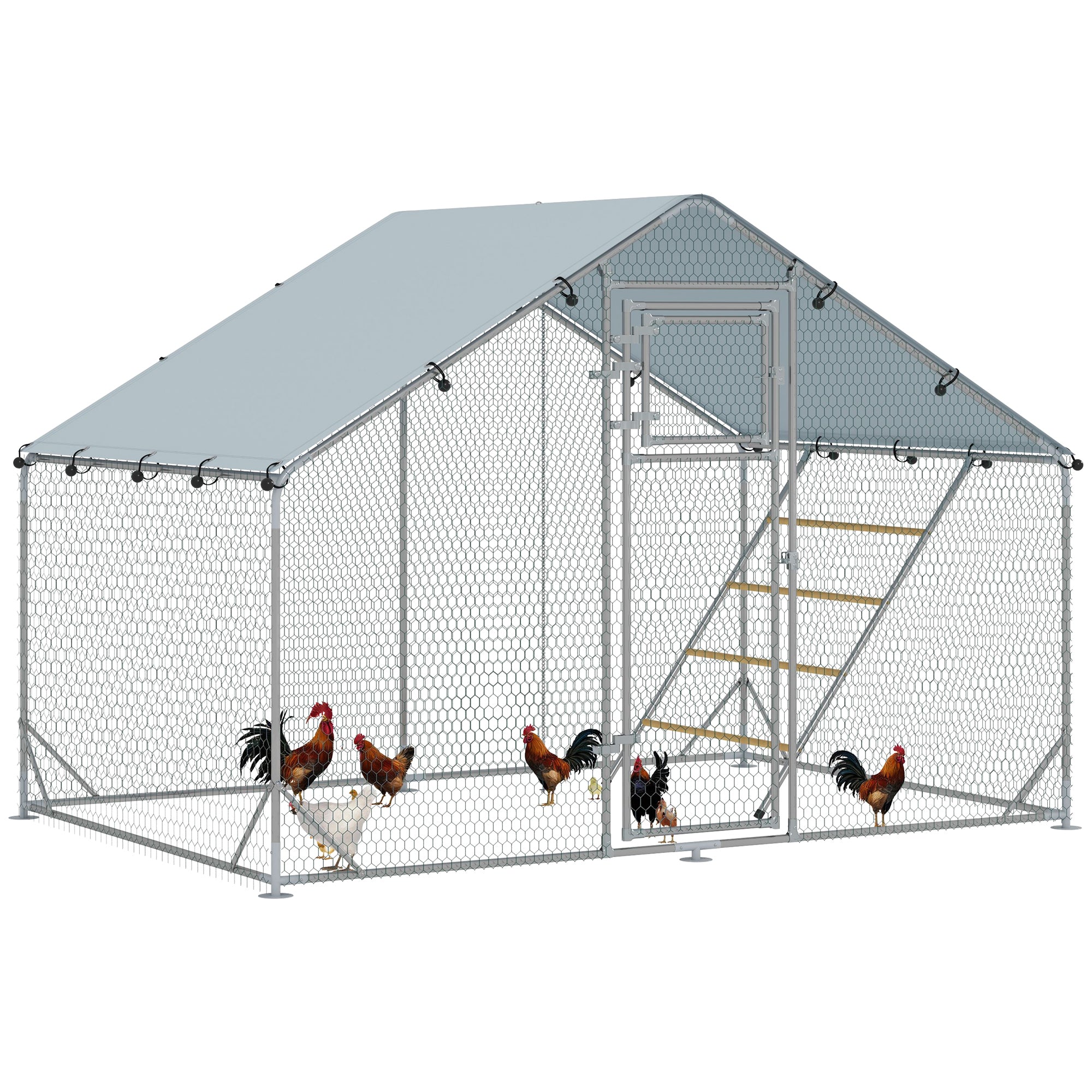 Walk in Chicken Run w/ Cover, Feeding Door, Hanging Feeder, Perch, for 6-8 Poultry