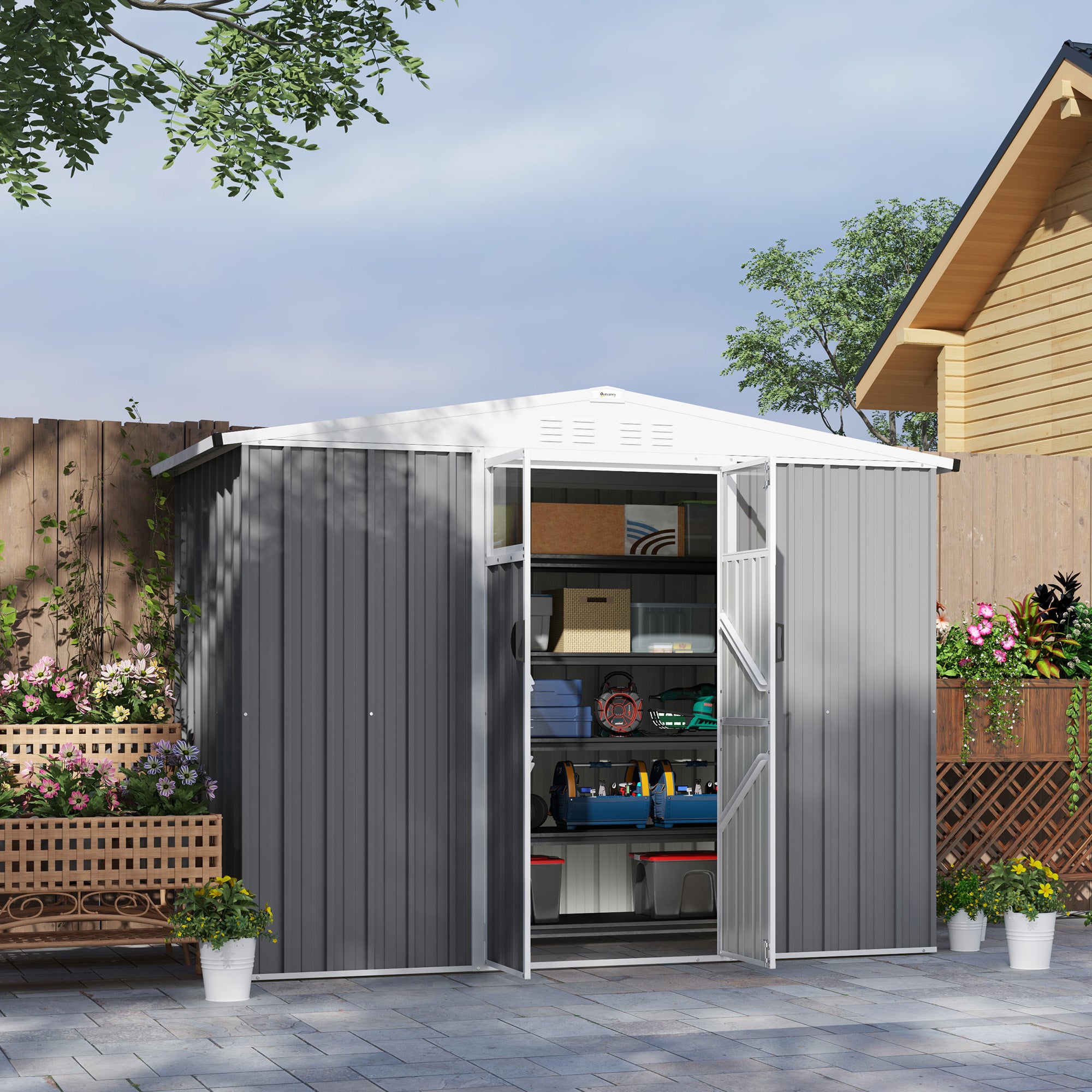 8x4 ft Metal Garden Storage Shed with Window and Lockable Door - Light Grey