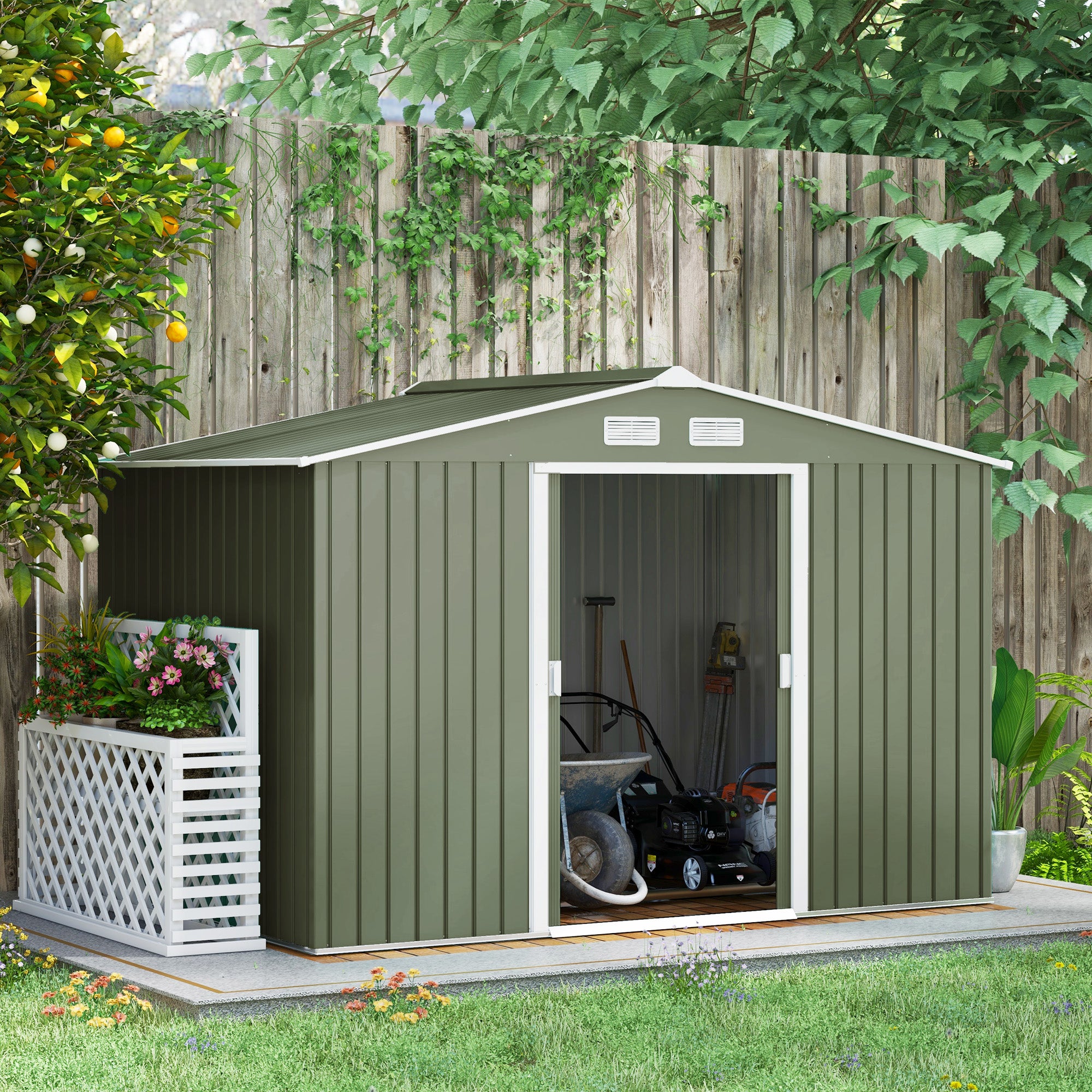 9 x 6ft Metal Garden Shed, Outdoor Storage Tool House with Ventilation Slots, Foundation Kit and Lockable Double Doors, Light Green