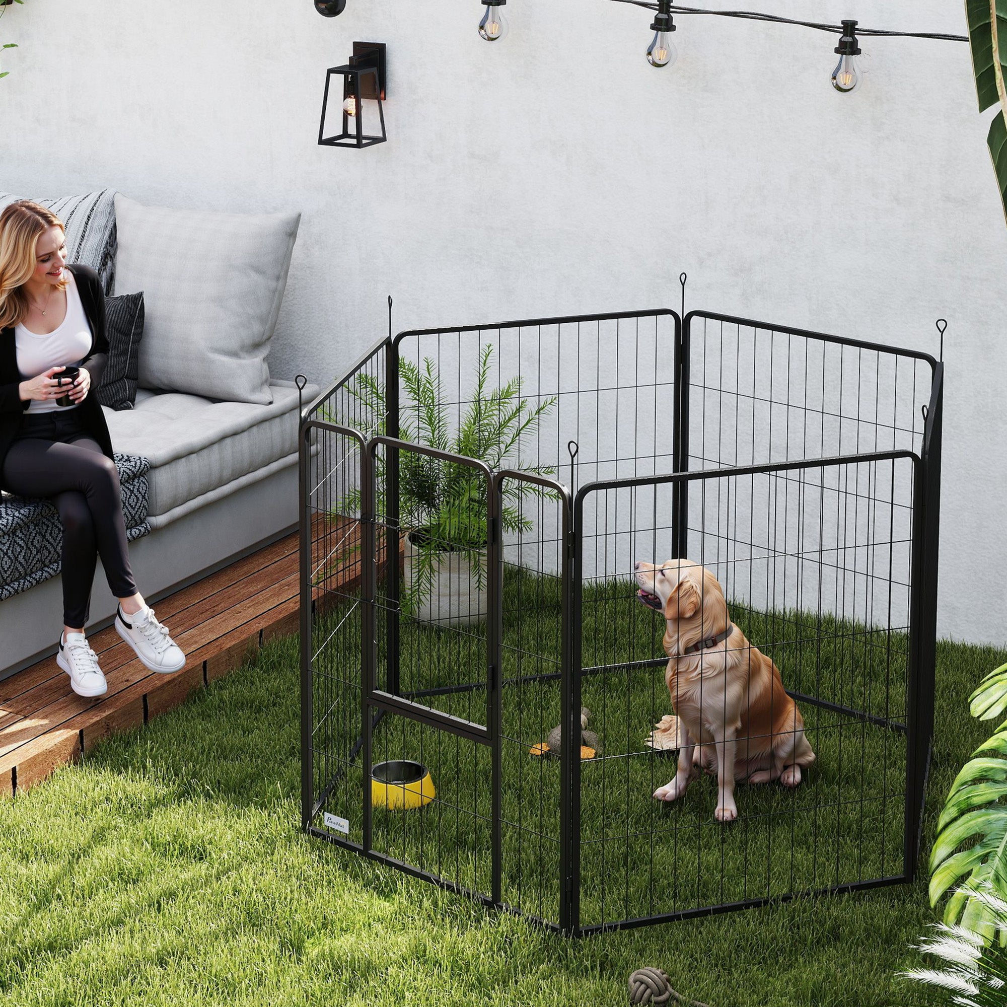 6 Panel Portable Dog Playpen with Door 100cm High for Large Dogs - Black