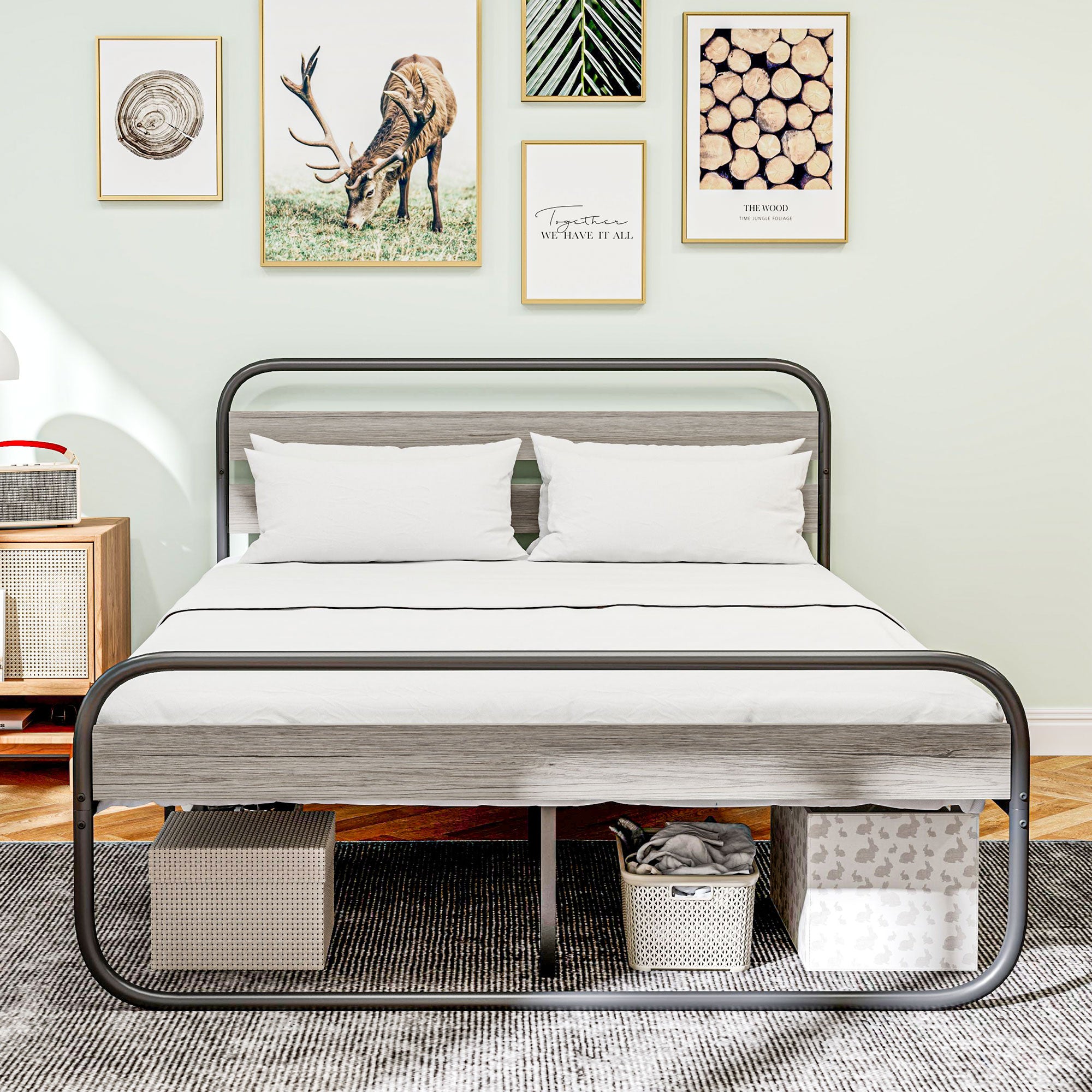 King Size Steel Industrial Bed Frame with Wood Effect - Black