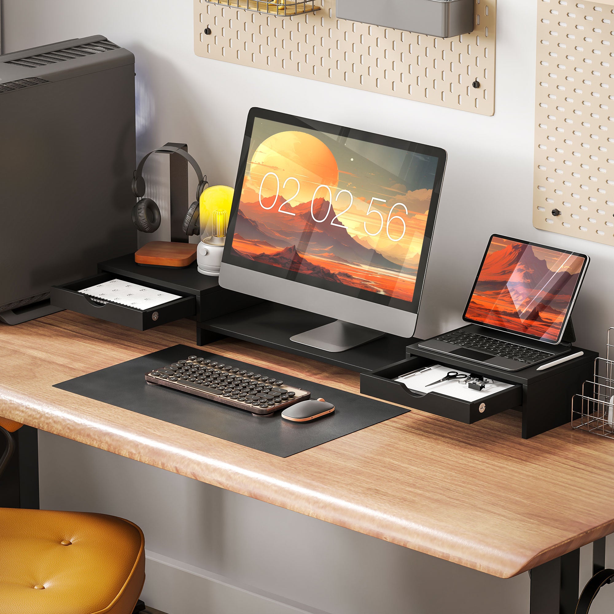Dual Monitor Stand Riser with 2 Drawers, Adjustable 60-116cm Length and Angle for Laptop, PC, Printer - Black
