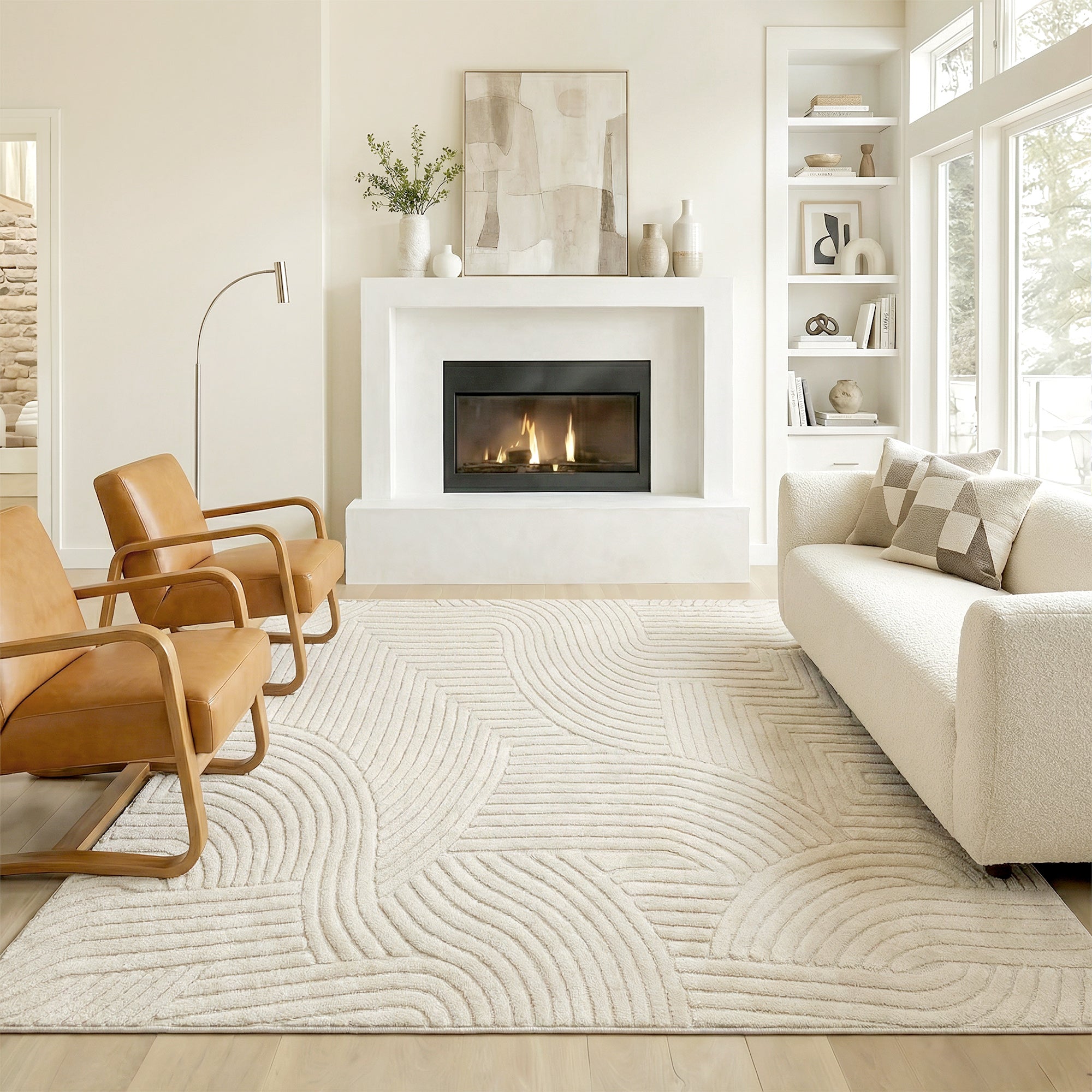 Modern Geometric Rug, Thick Plush, Non-Slip, 200 x 140 cm – Cream, Living Room/Bedroom/Office