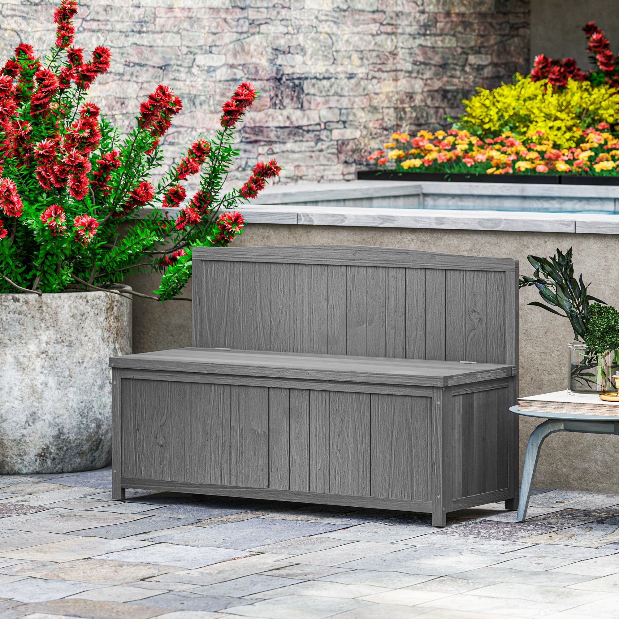 Wood Storage Bench with Garden Tool Storage for Patio Furniture - Grey