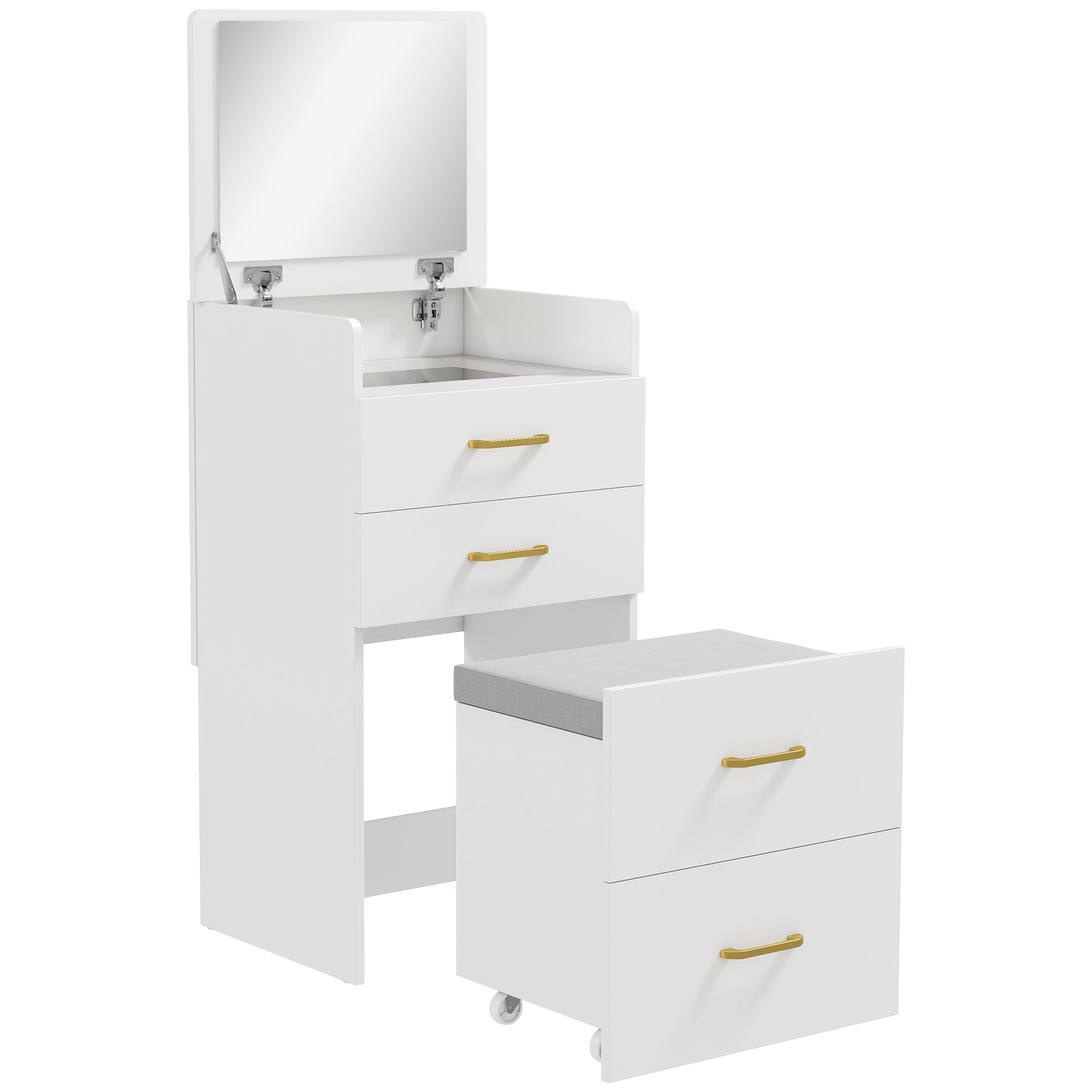 Compact Dressing Table and Stool Set, with Storage - White