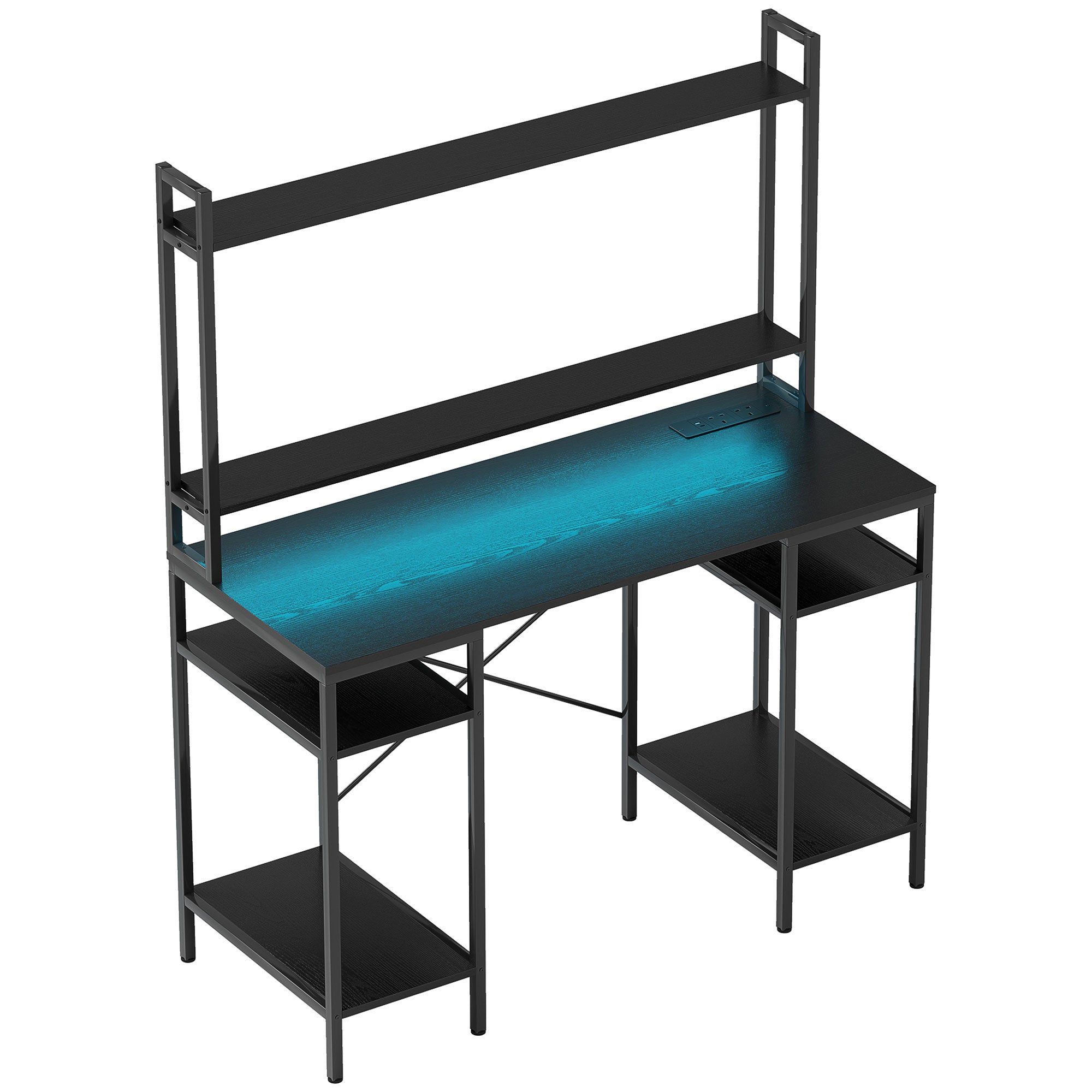 Computer Desk with Power Outlets and LED Lights, Home Office Desk with Monitor Stand and 2 CPU Stands, Study Table Gaming Desk with Hutch, Black