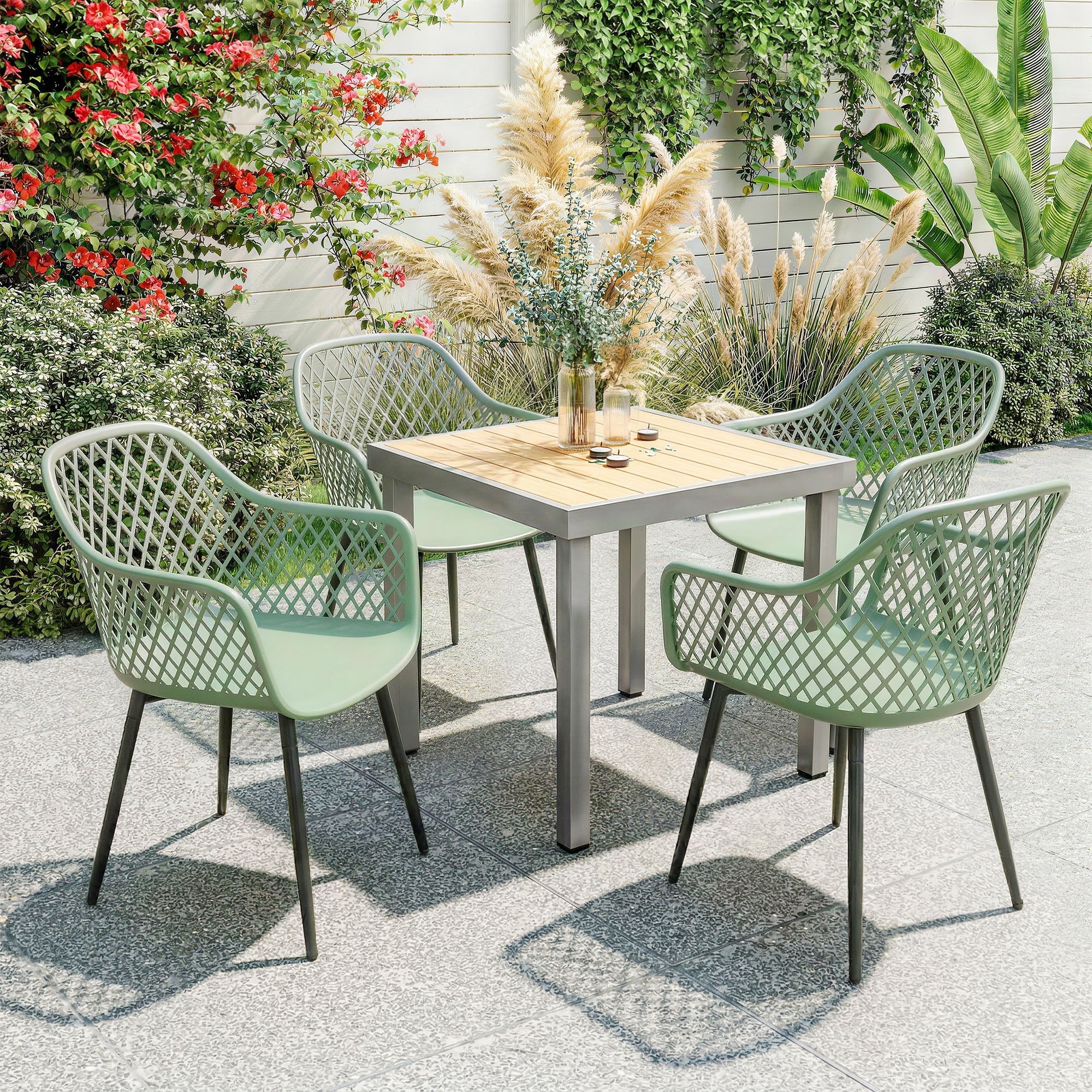 Garden Chairs Set of 4, Garden Dining Chairs with Cut Out Diamond Back and Armrests for Patio, Balcony, Terrace, Green