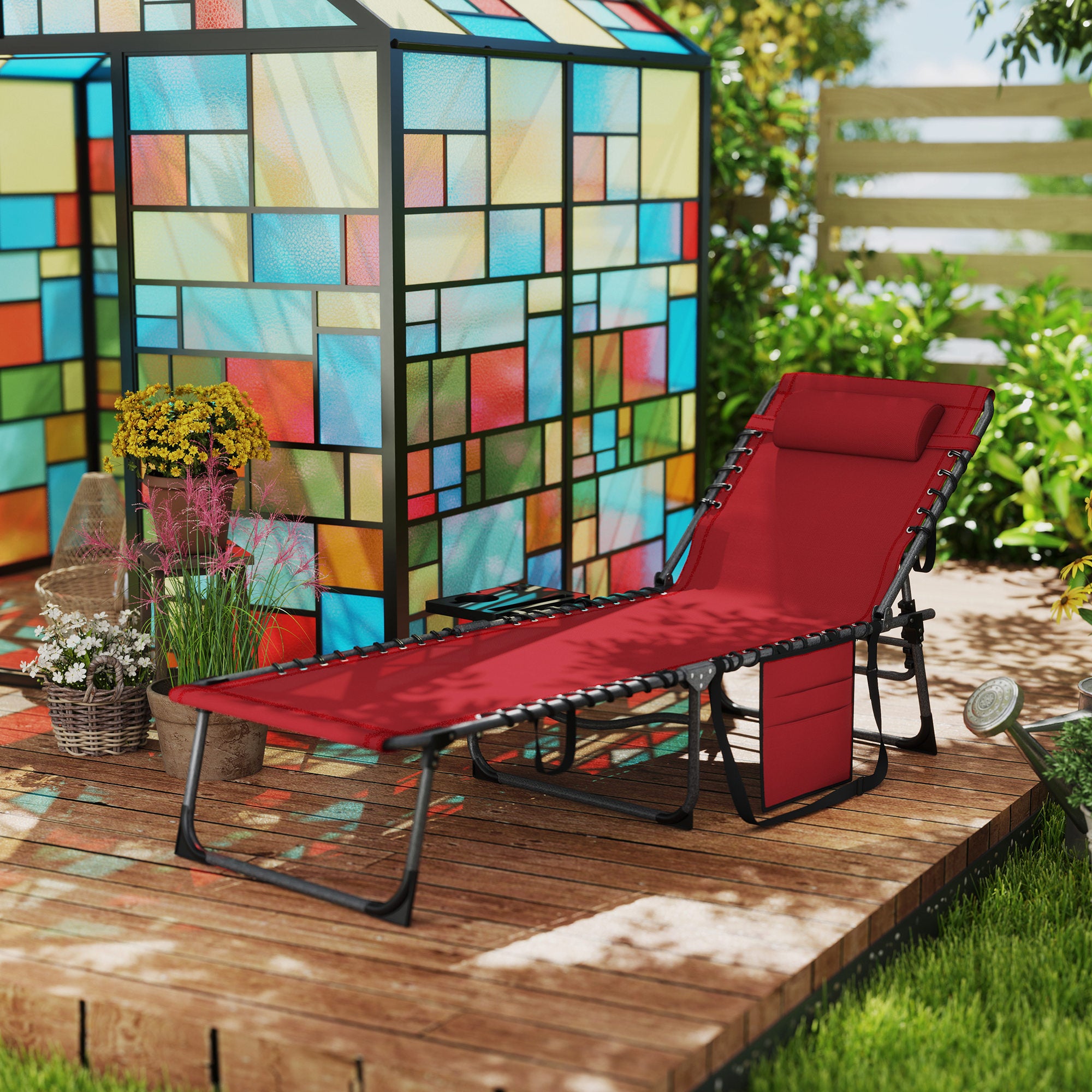 Five-Position Reclining Sun Lounger with Side Table and Pillow - Red