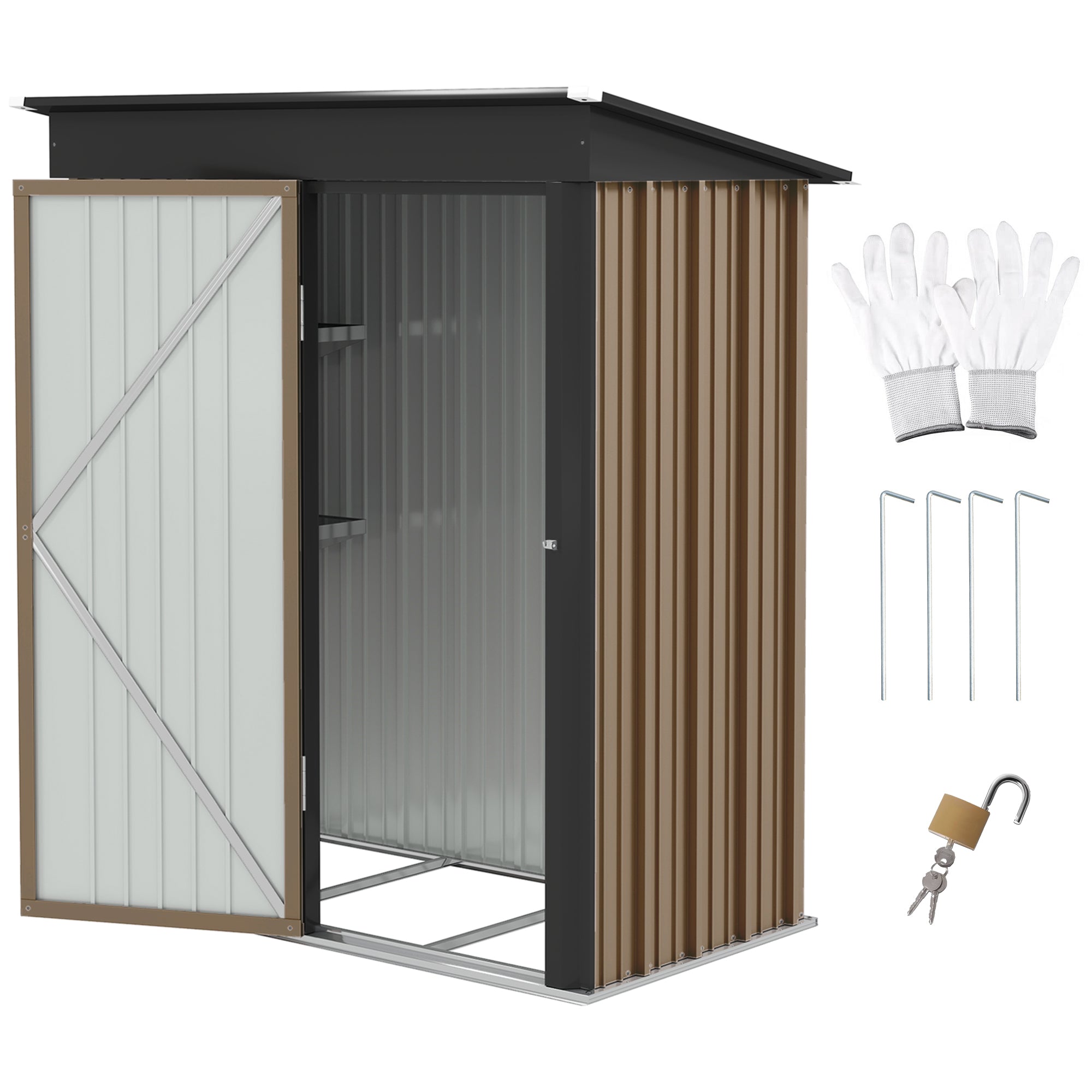 5x3ft Corrugated Steel Lean-To Storage Shed with Lock - Brown