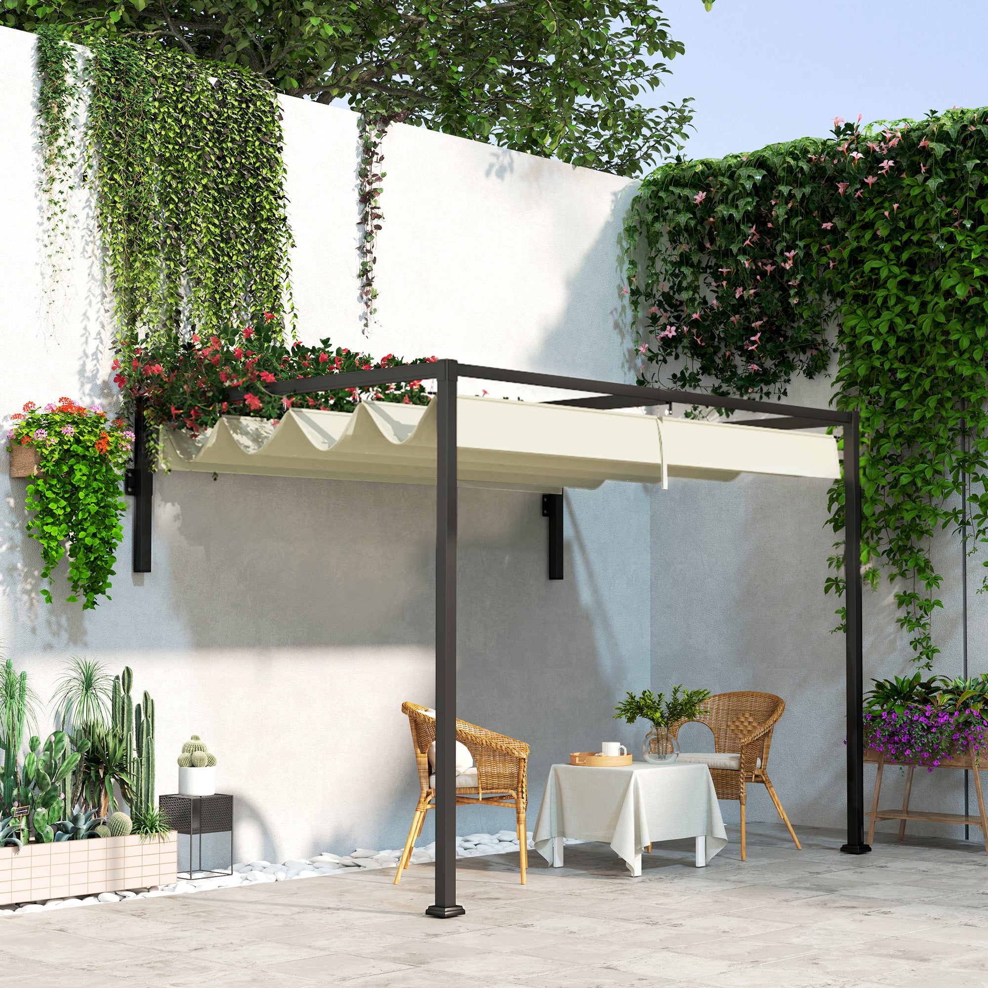 2 x 3m Lean To Steel Pergola with Sliding Fabric Canopy - Khaki