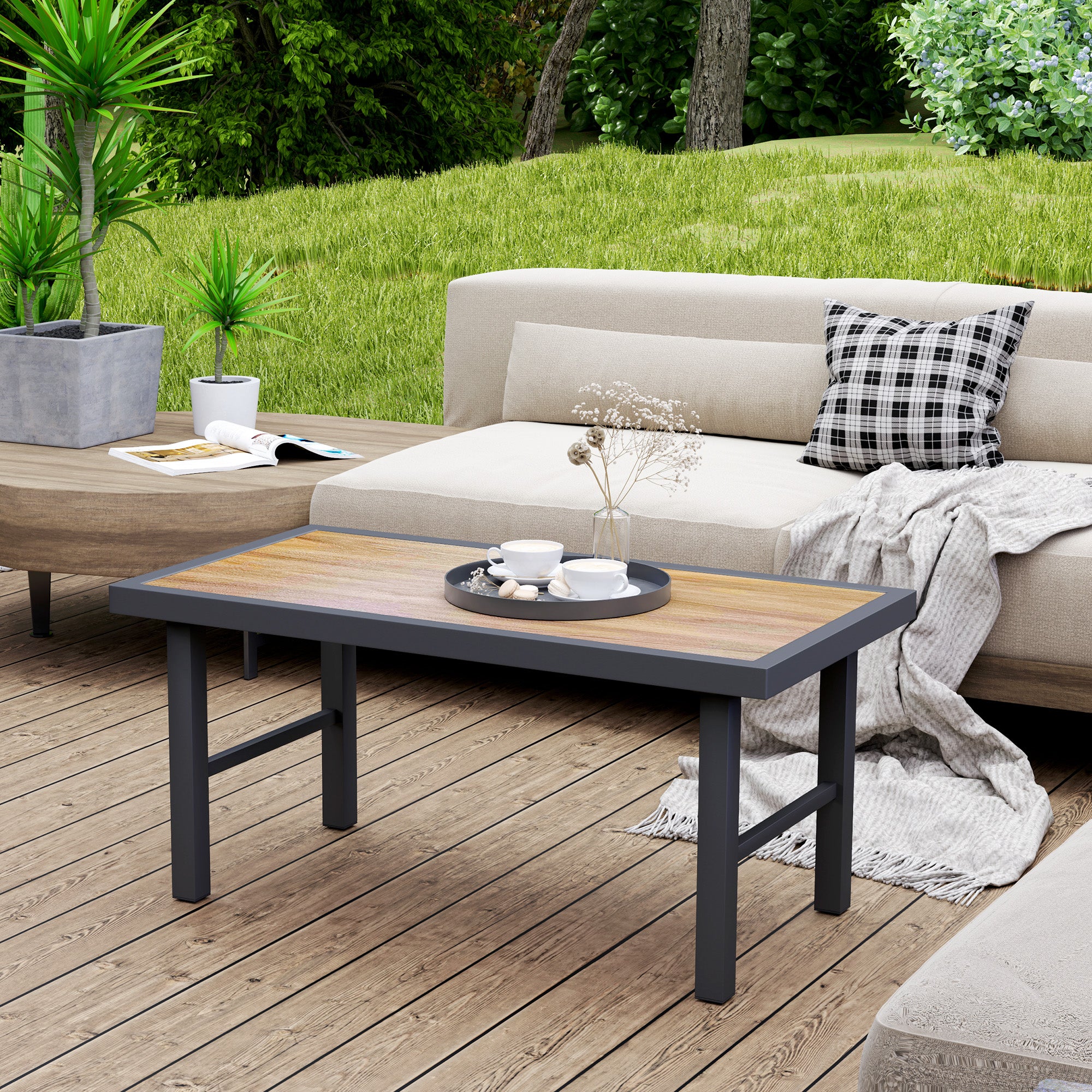 Metal Garden Coffee Table 100x53cm with SPC Woodgrain Tabletop - Brown Wood Effect