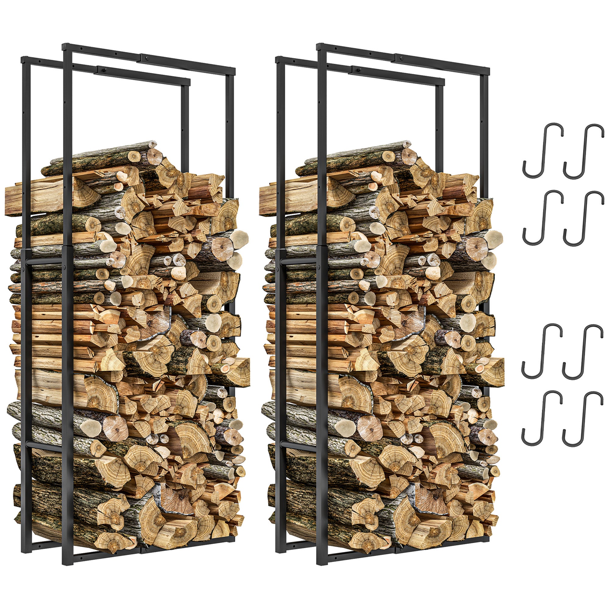 Firewood Log Rack Set of 2, Retractable Metal Wood Store Holder, Indoor Outdoor Fireplace Log Storage Shelf with Hooks, 65 x 25 x 150 cm, Black