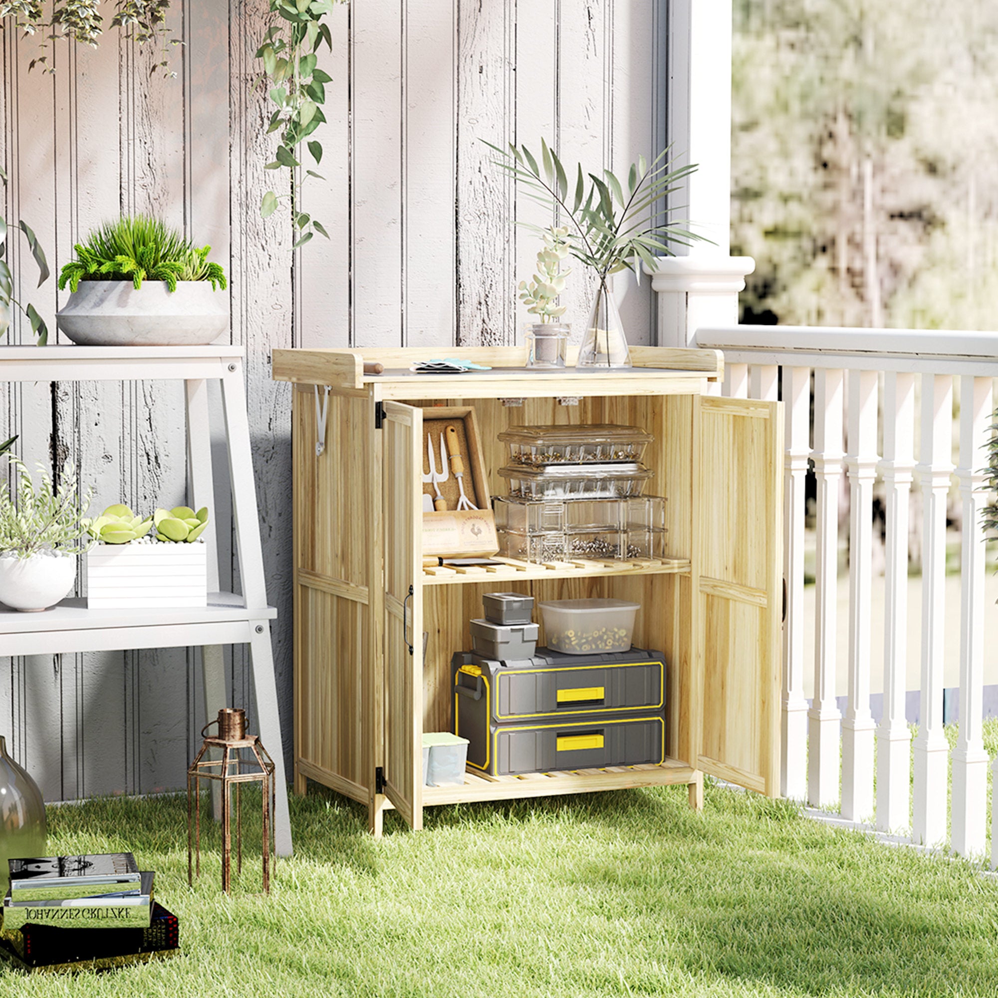 Fir Wood Garden Storage Shed with Metal Worktop and Hinged Roof - Natural Finish