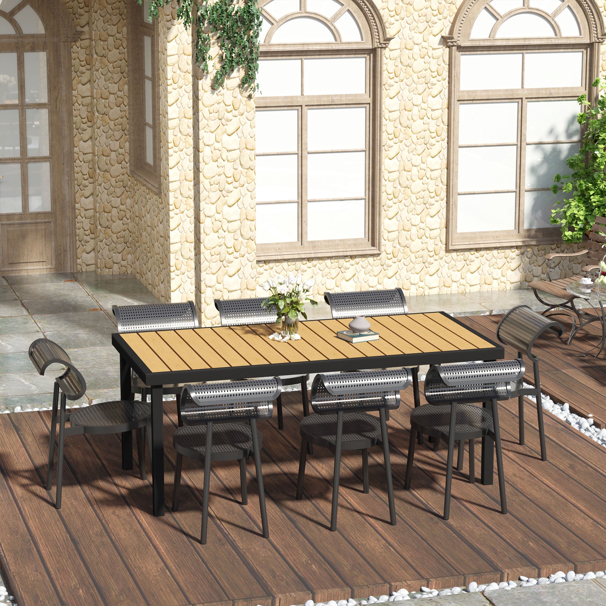 Aluminium Outdoor Garden Dining Table for 8 with Faux Wood Top, 190x90x74 cm - Natural