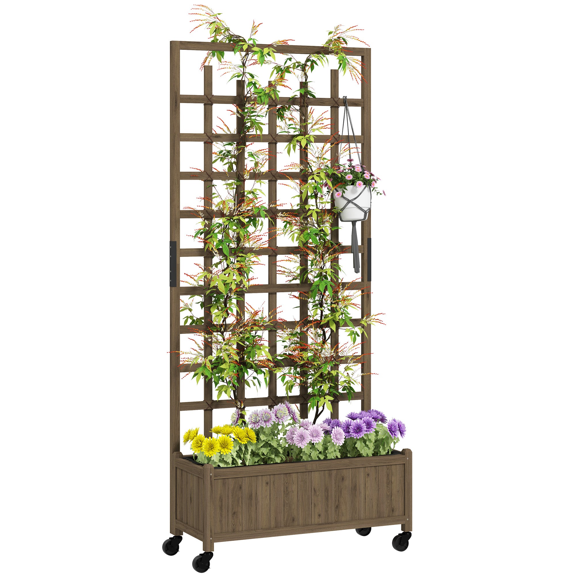 Wooden Raised Garden Bed with Trellis and Wheels - Brown