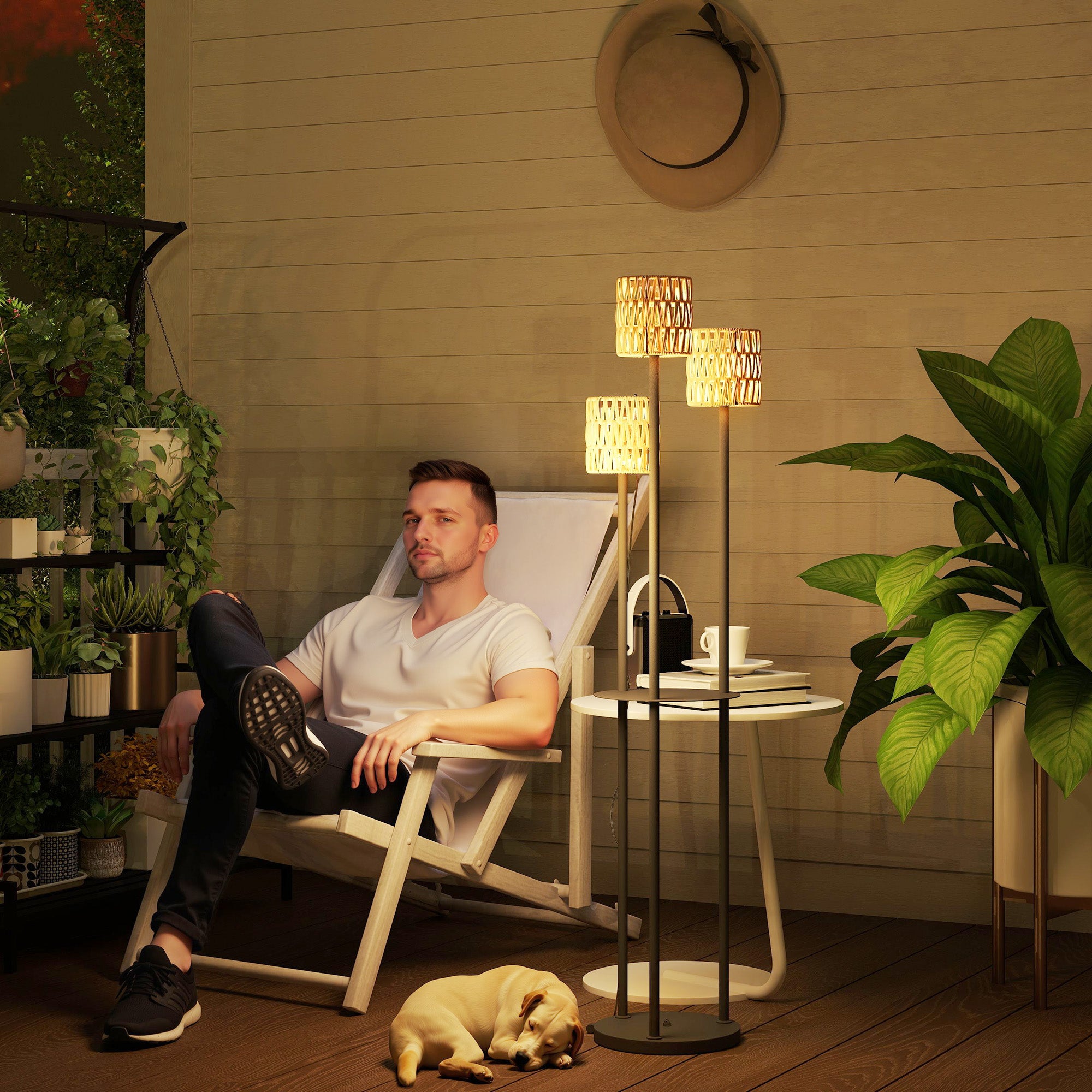 Boho Rattan 3-Light Floor Lamp with Shelf Solar Garden Light IP44 Waterproof - Yellow