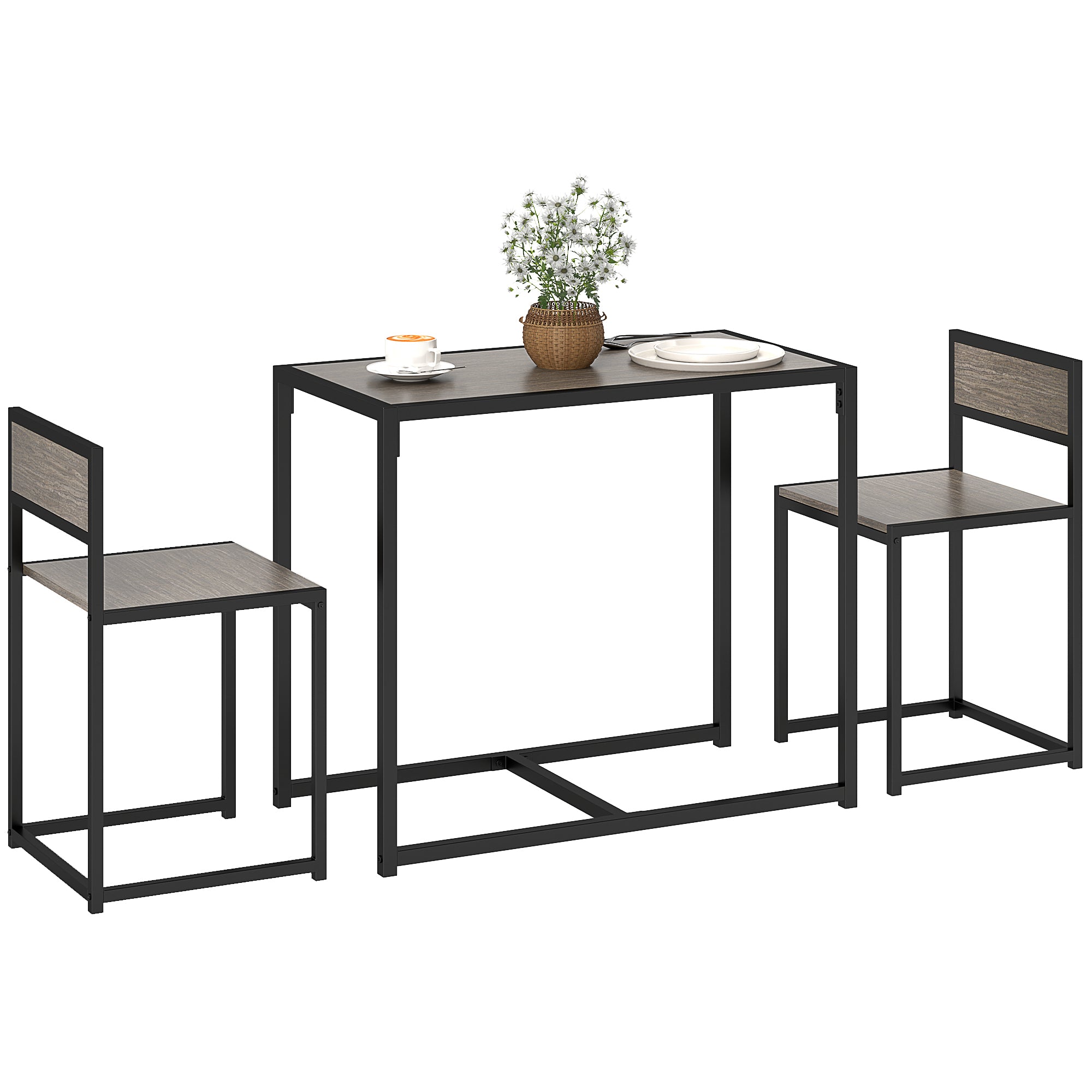 Dining Table and Chairs Set 2, Dining Room Sets, Rectangular Space Saving Table and 2 Chairs for Compact Kitchens, Steel Frame, Grey Wood-Effect