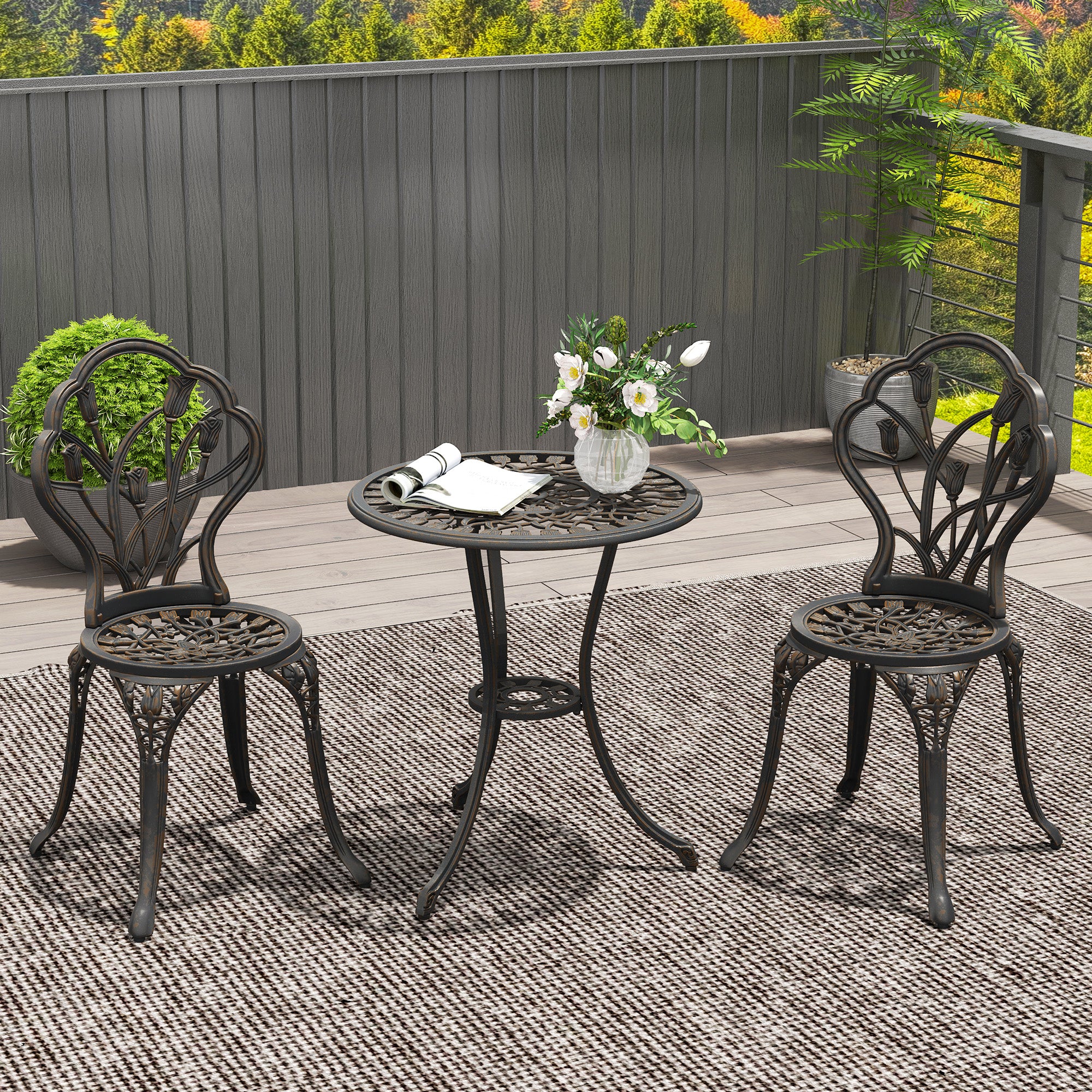 3 Piece Aluminium Patio Bistro Set with Umbrella Hole - Bronze Tone