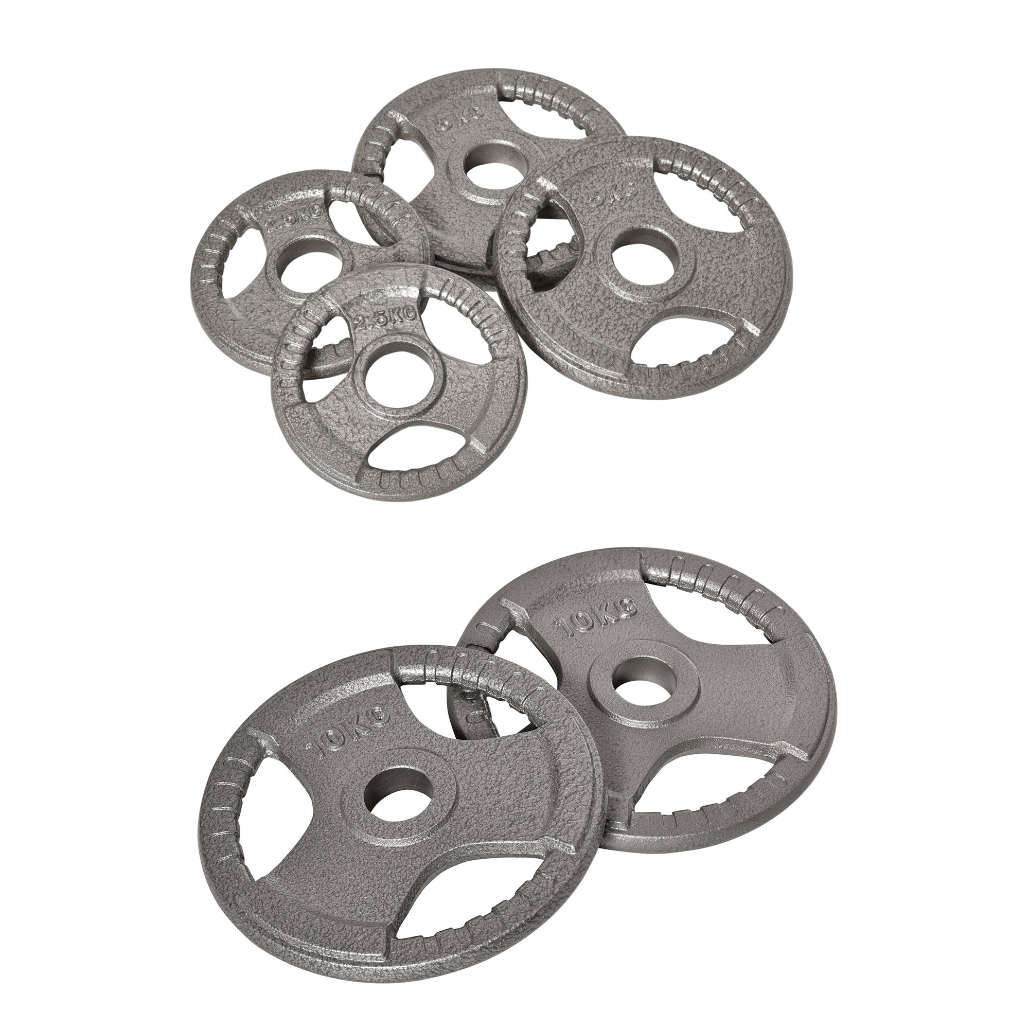 Set of 6 Cast Iron Olympic Weight Plates 35kg (2 x 10kg, 2 x 5kg, 2 x 2.5kg) for 2"/5cm Dumbbell Bar - Silver