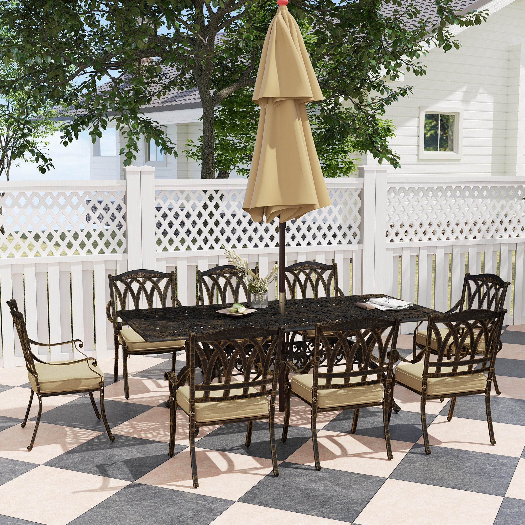 Nine-Piece Cast Aluminium Garden Dining Set with Cushions - Bronze Tone