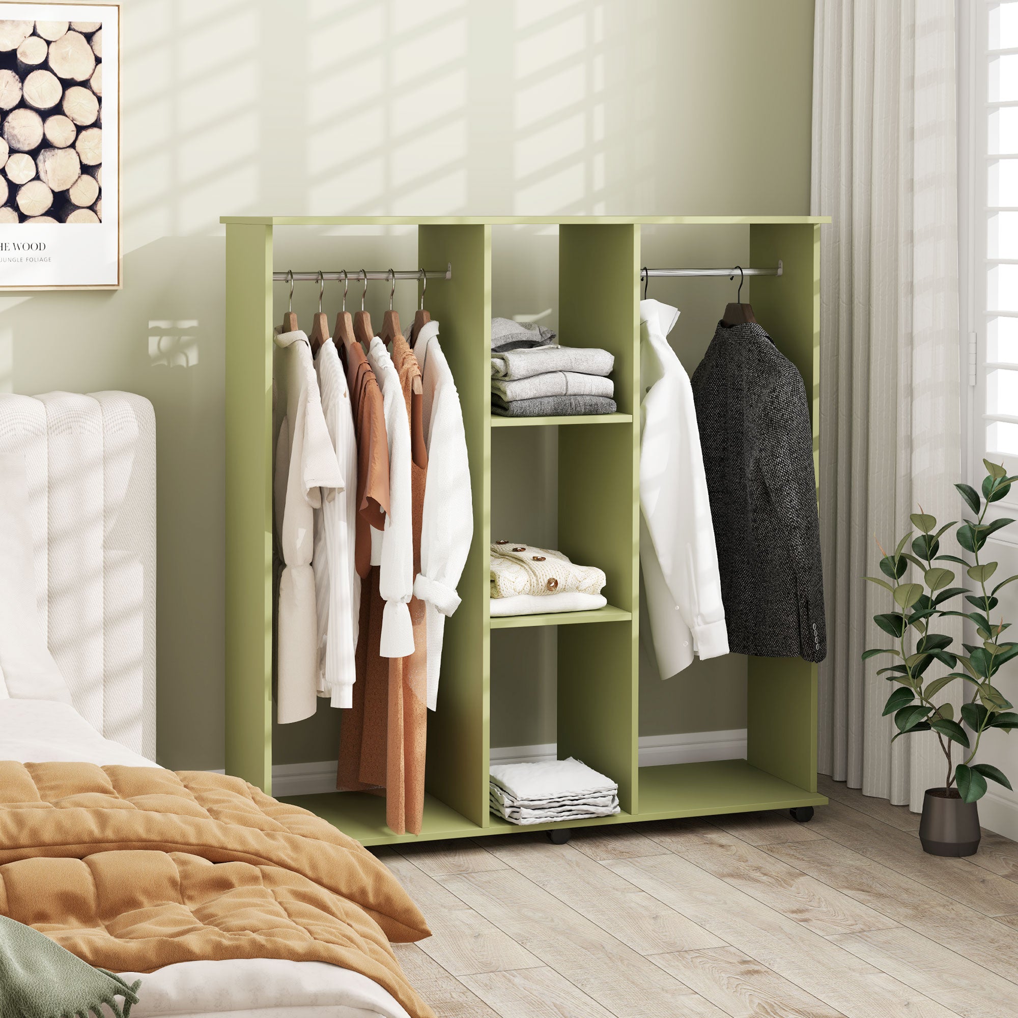 Open Wardrobe Double Mobile Storage Shelves Organizer with 6 Wheels - Green