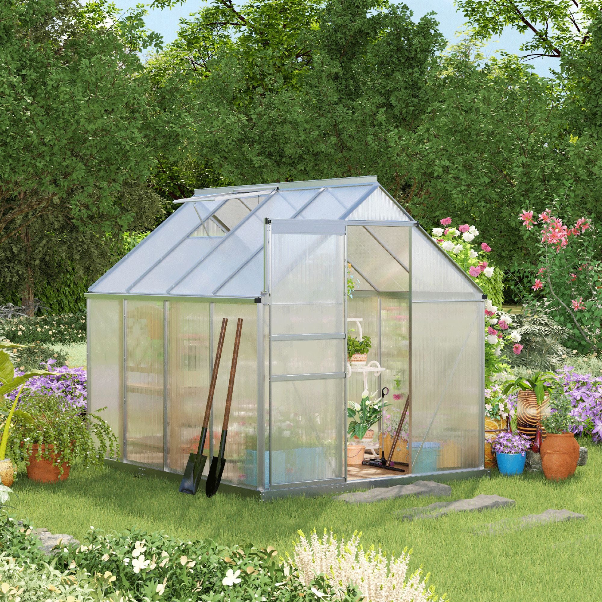 190 x 253 cm Walk-In Polycarbonate Greenhouse - Silver-Tone